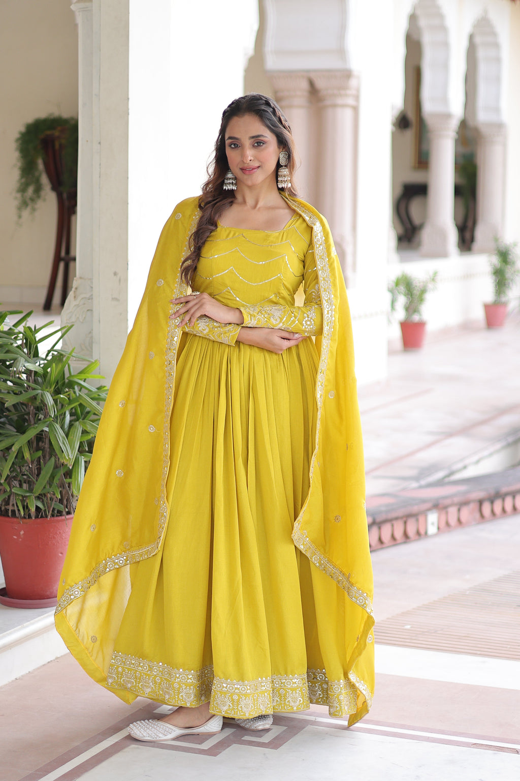 Yani yellow Vichitra silk gown with sequins embroidered work and dupatta