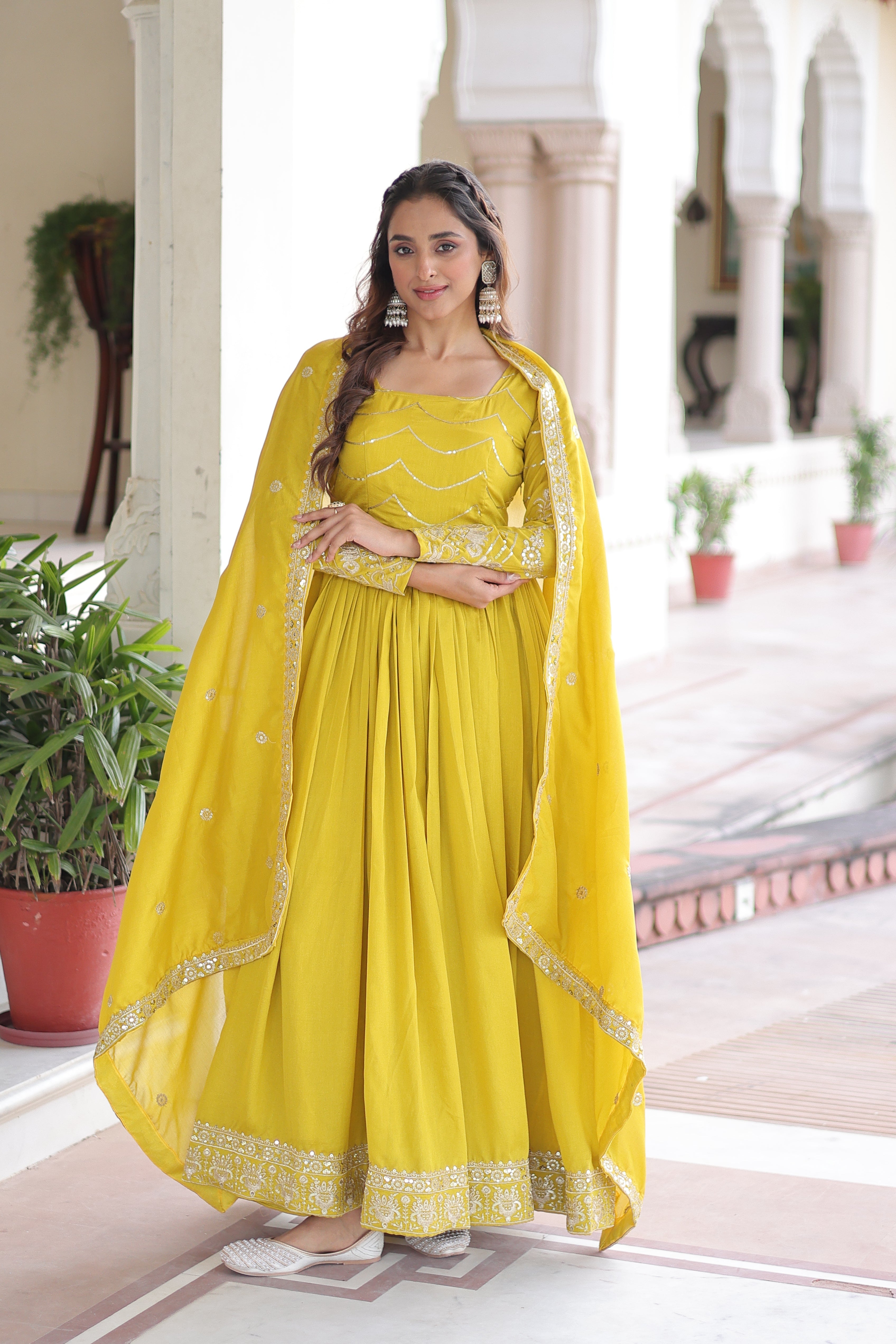 Yani yellow Vichitra silk gown with sequins embroidered work and dupatta