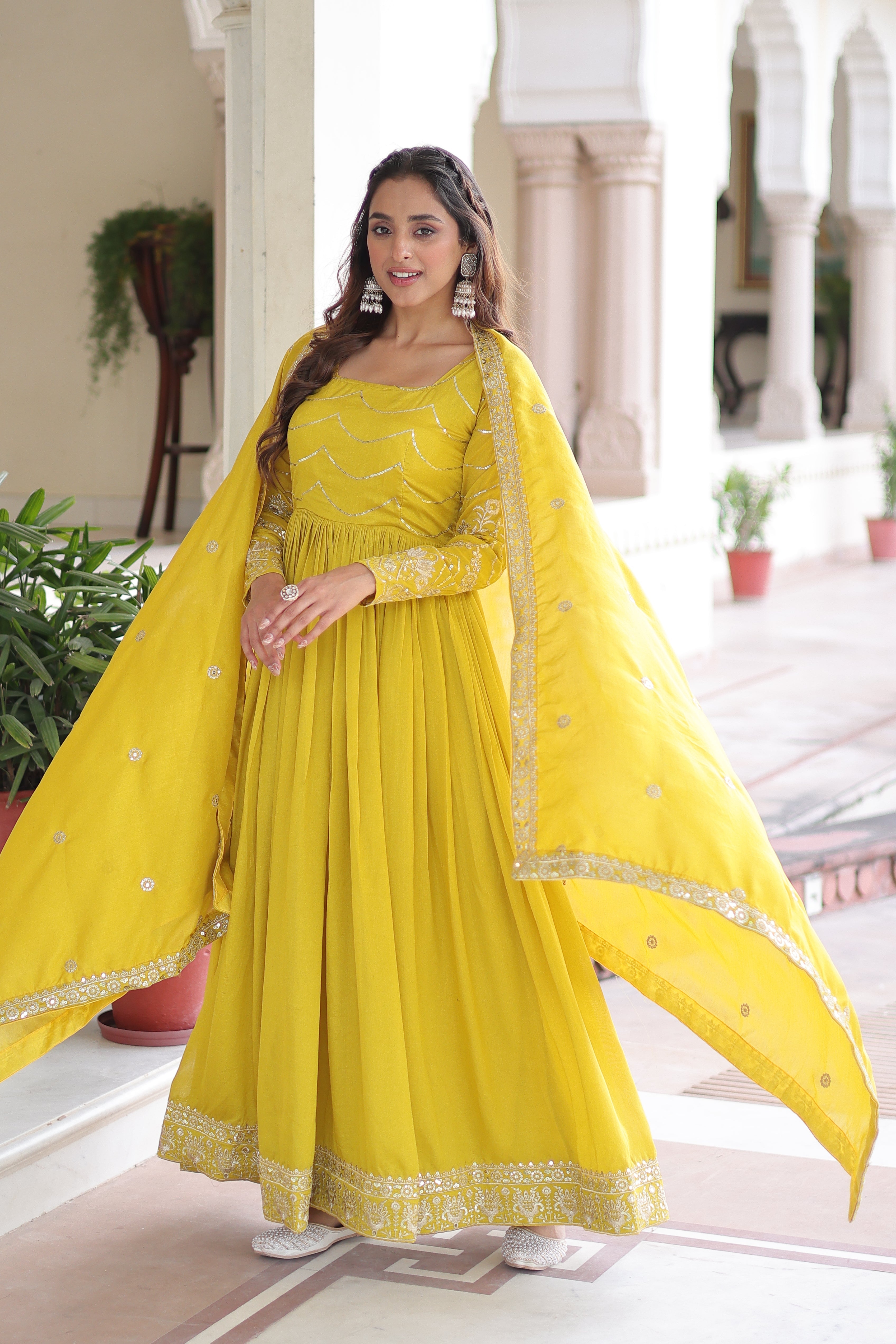 Yani yellow Vichitra silk gown with sequins embroidered work and dupatta