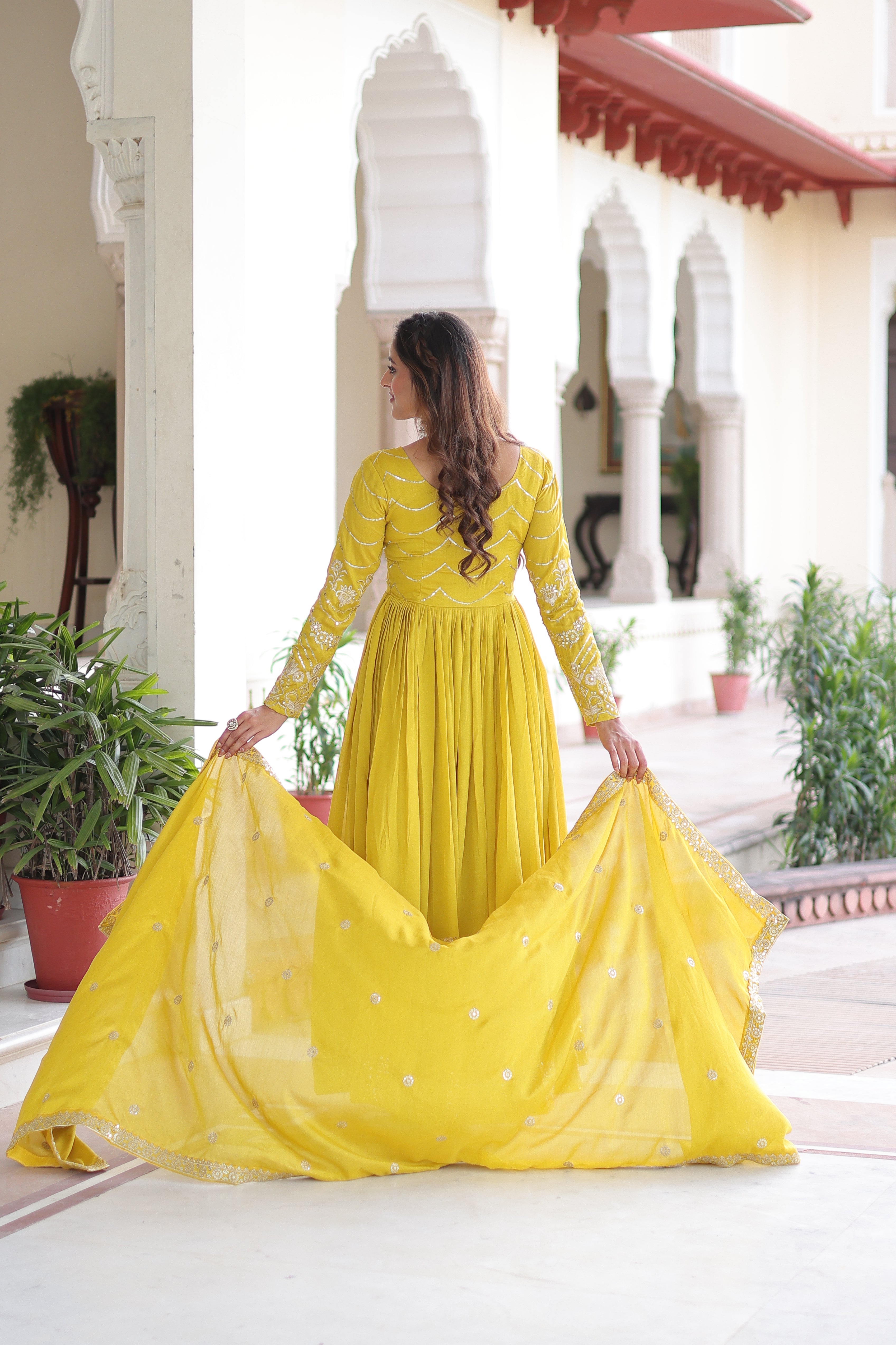Yani yellow Vichitra silk gown with sequins embroidered work and dupatta