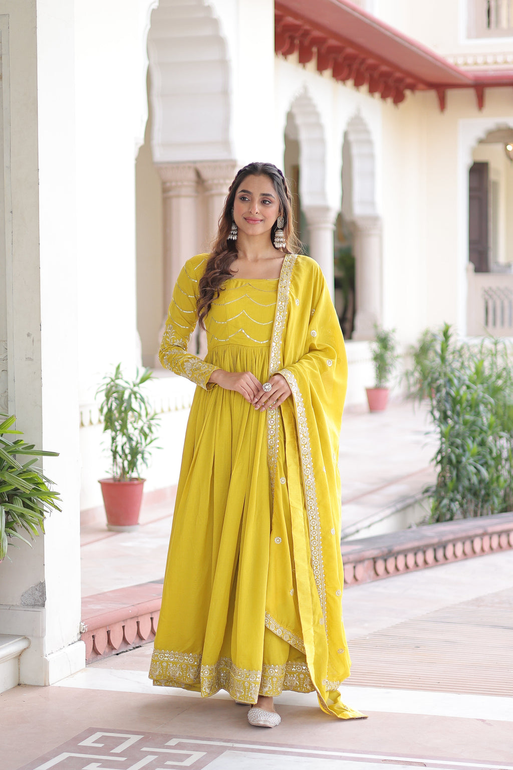 Yani yellow Vichitra silk gown with sequins embroidered work and dupatta