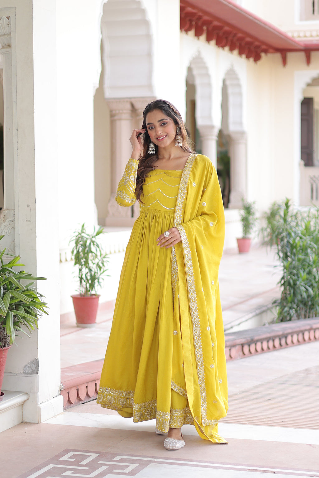 Yani yellow Vichitra silk gown with sequins embroidered work and dupatta
