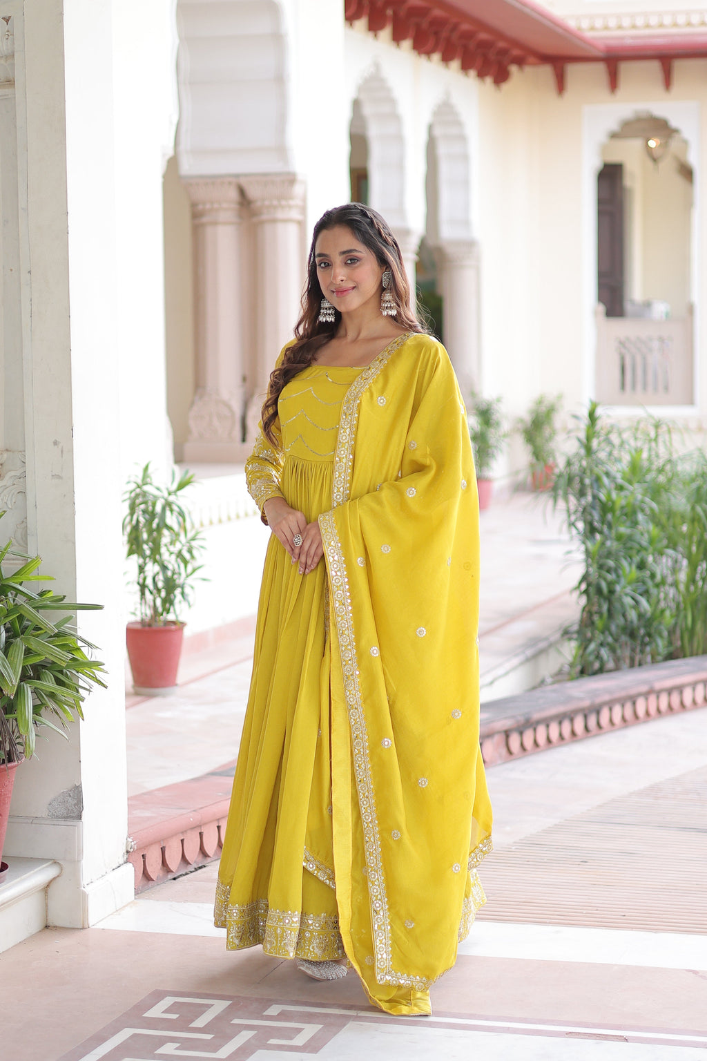 Yani yellow Vichitra silk gown with sequins embroidered work and dupatta