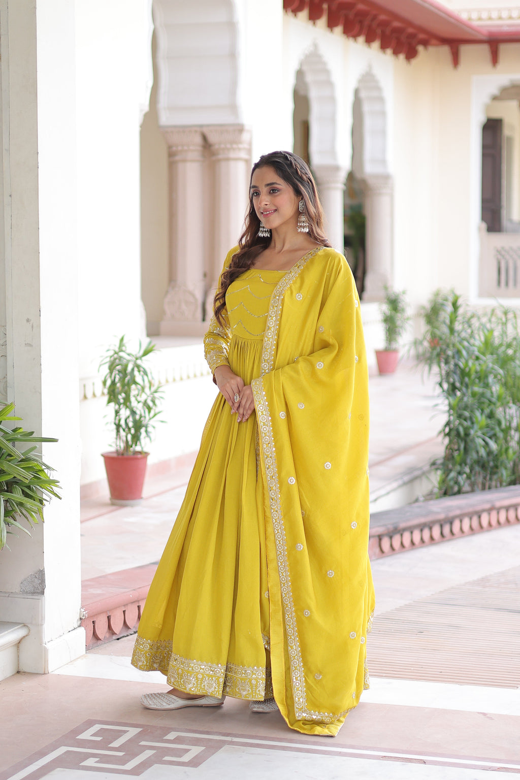Yani yellow Vichitra silk gown with sequins embroidered work and dupatta