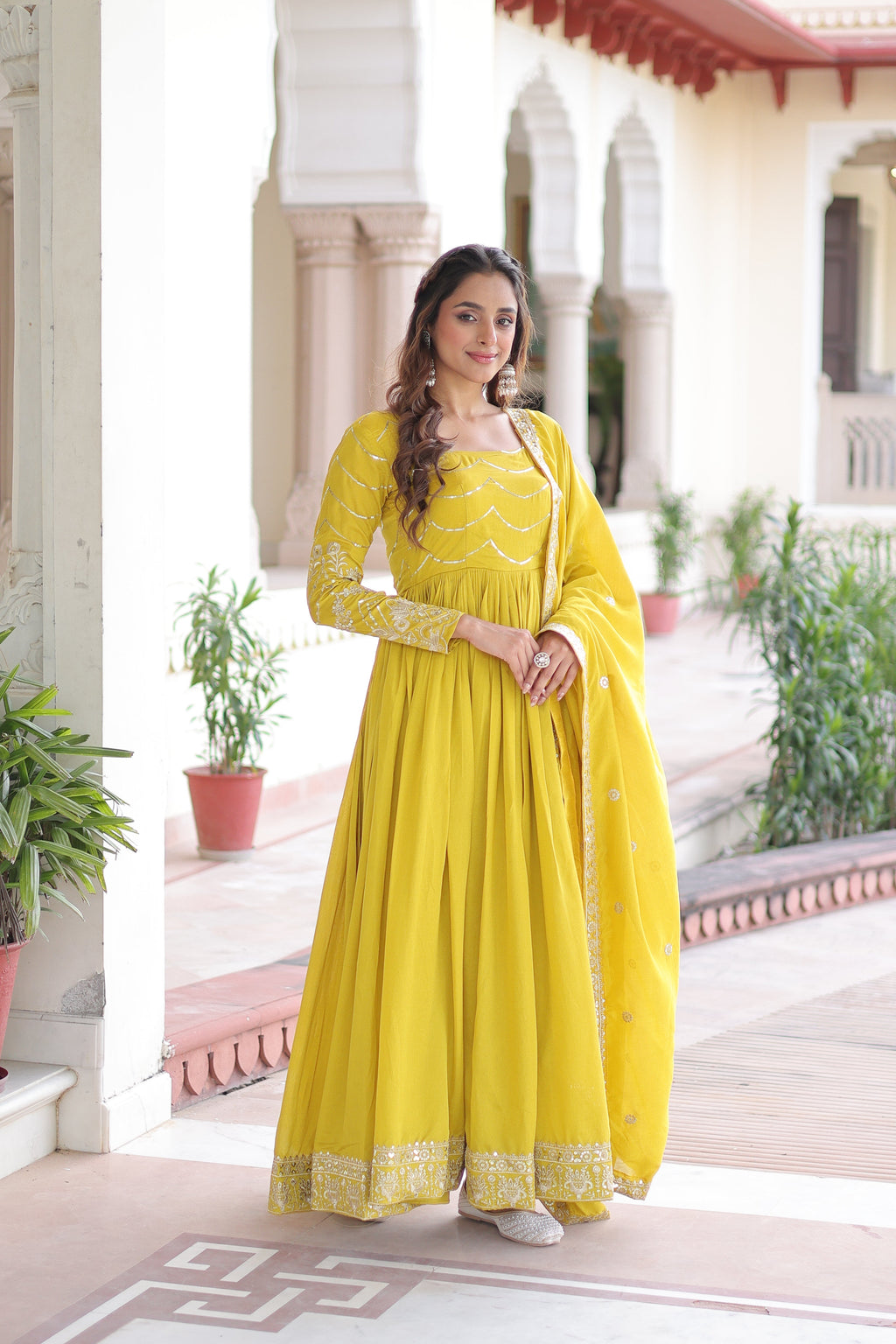 Yani yellow Vichitra silk gown with sequins embroidered work and dupatta