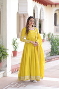 Yani yellow Vichitra silk gown with sequins embroidered work and dupatta