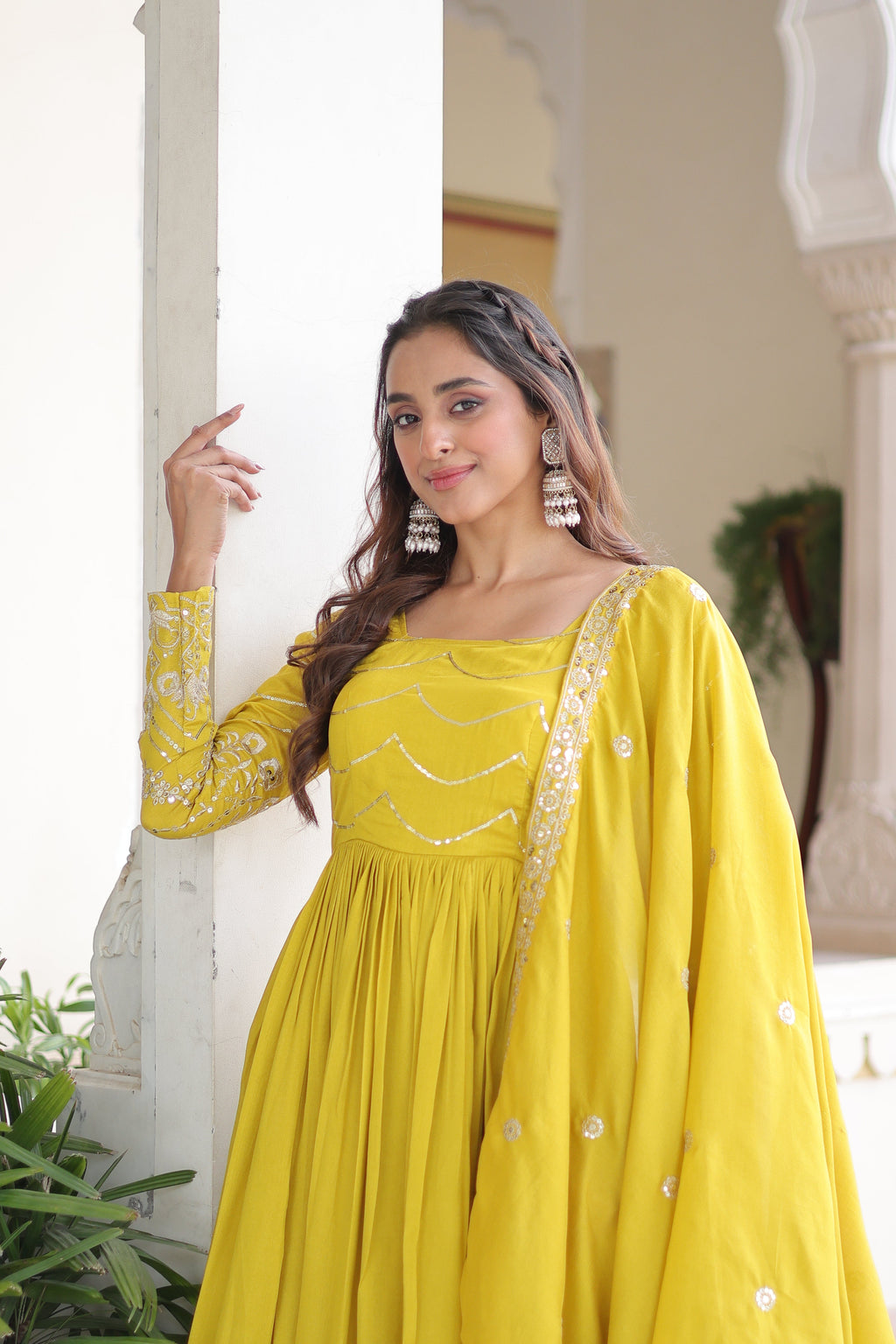 Yani yellow Vichitra silk gown with sequins embroidered work and dupatta