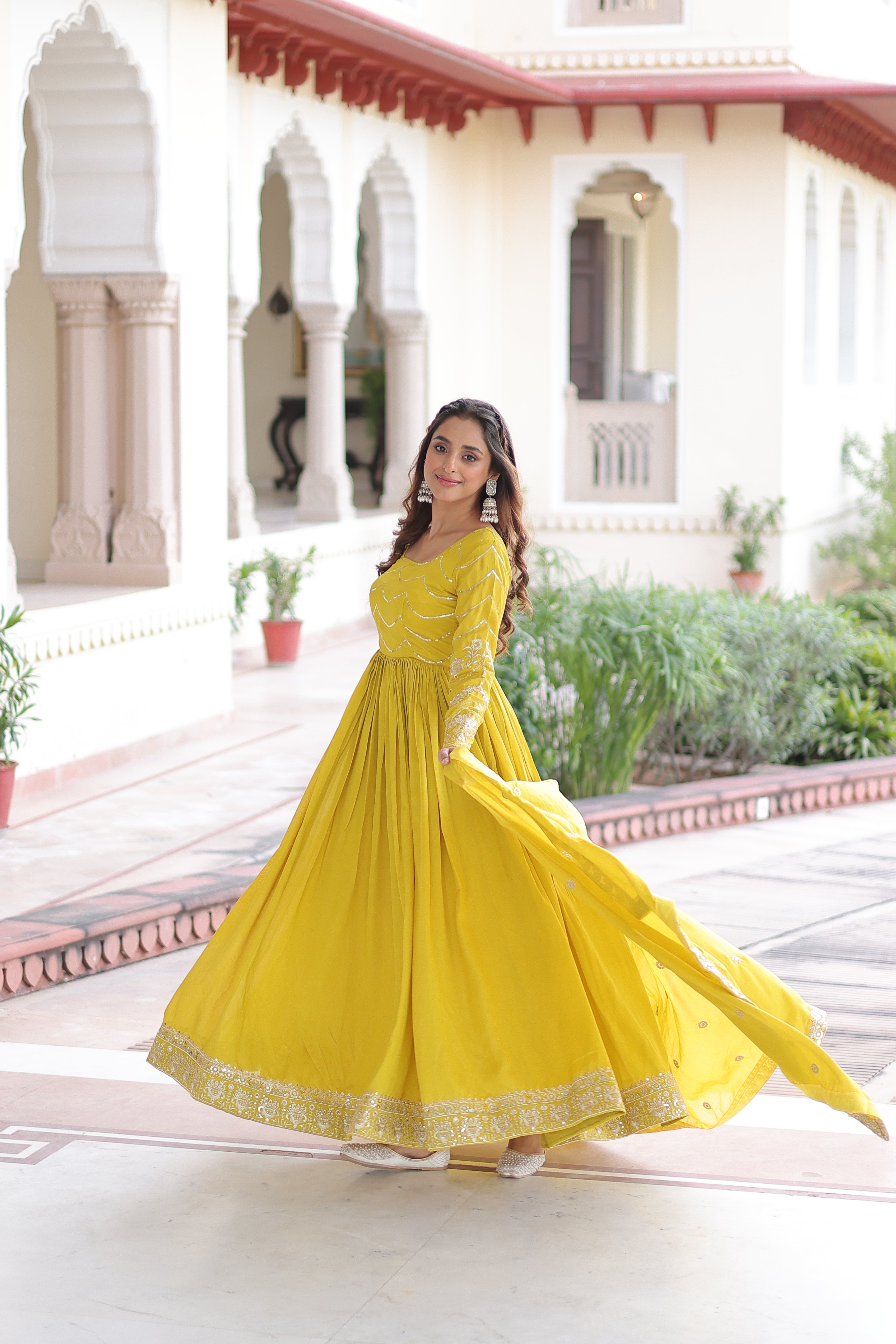 Yani yellow Vichitra silk gown with sequins embroidered work and dupatta