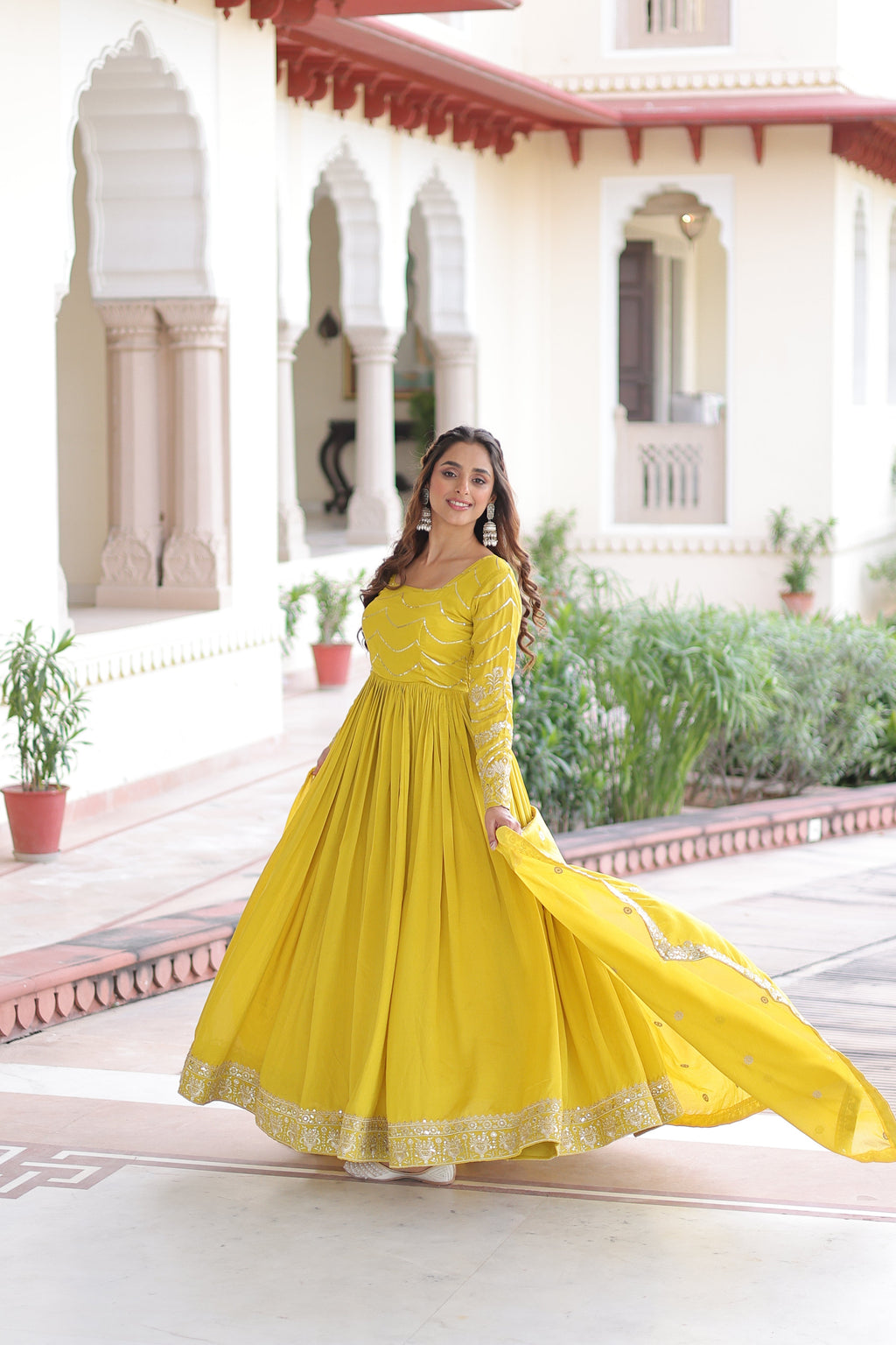 Yani yellow Vichitra silk gown with sequins embroidered work and dupatta