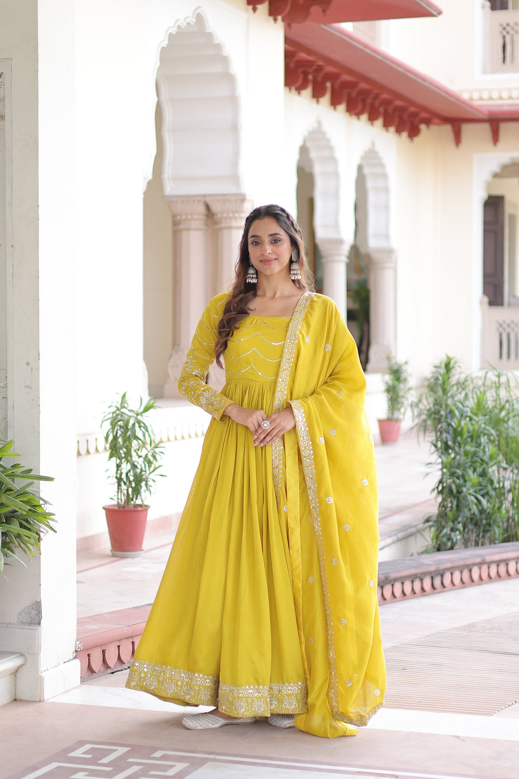 Yani yellow Vichitra silk gown with sequins embroidered work and dupatta