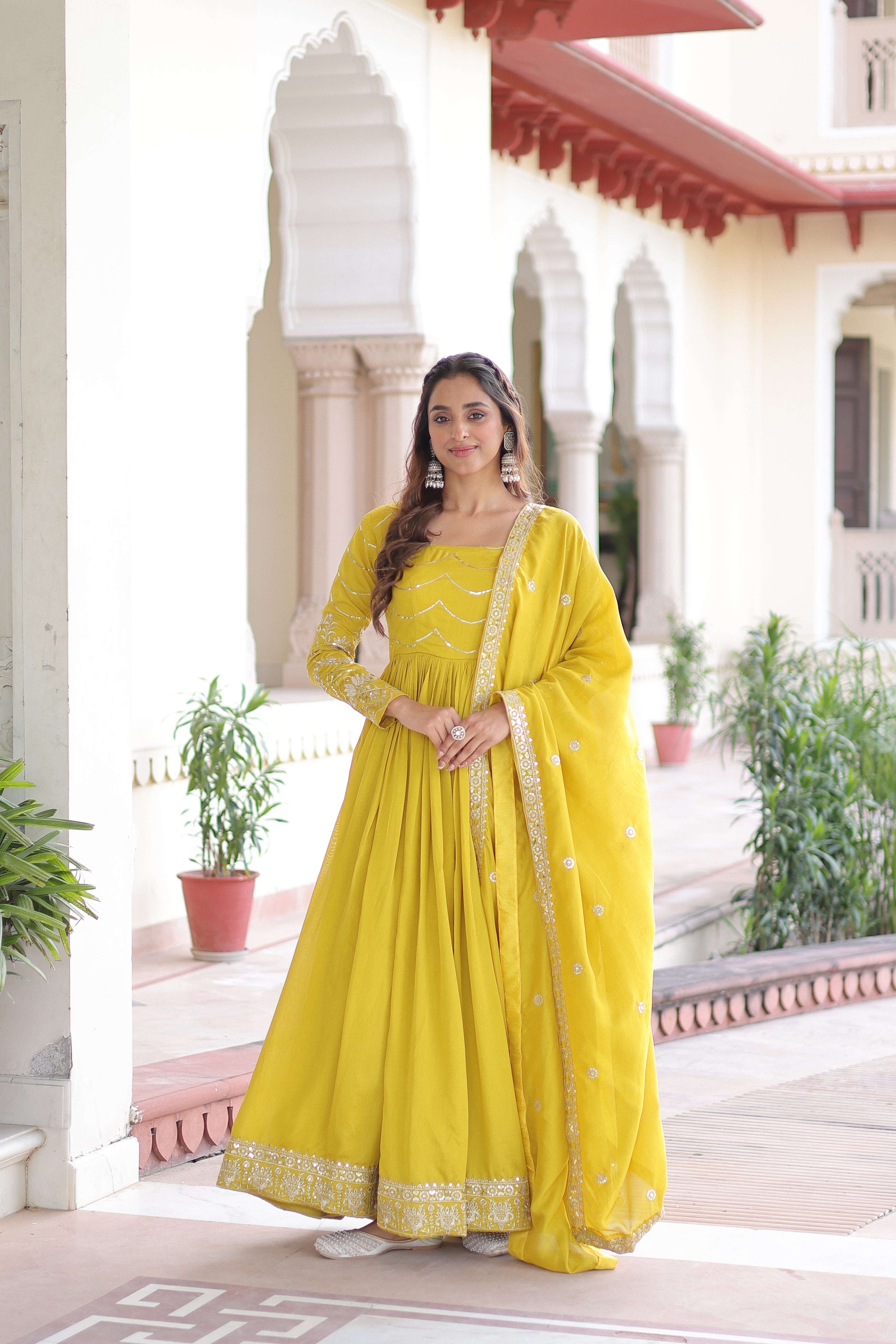 Yani yellow Vichitra silk gown with sequins embroidered work and dupatta