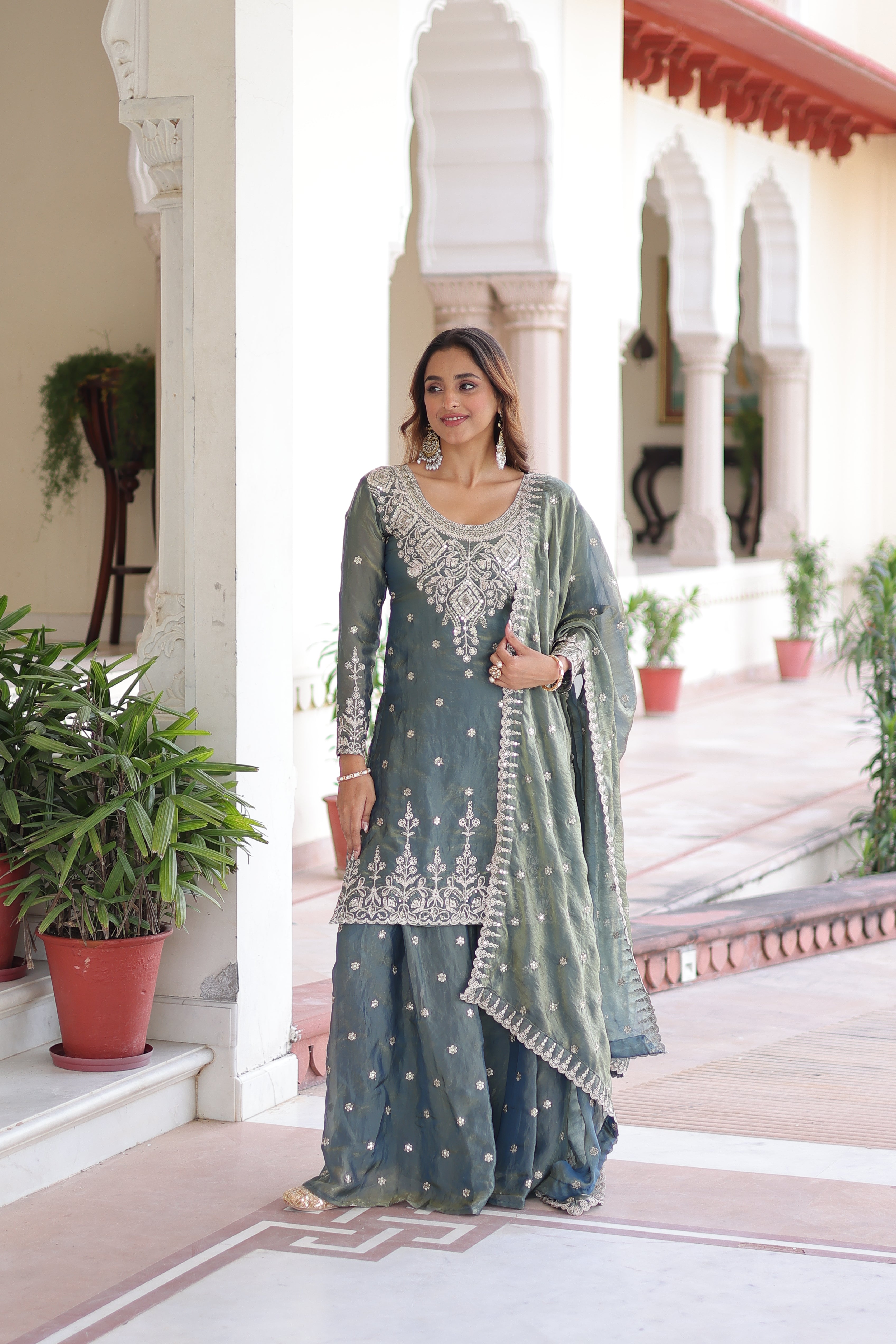 Pria teal green Fendi silk kurti sharara set with coding sequins embroidery work