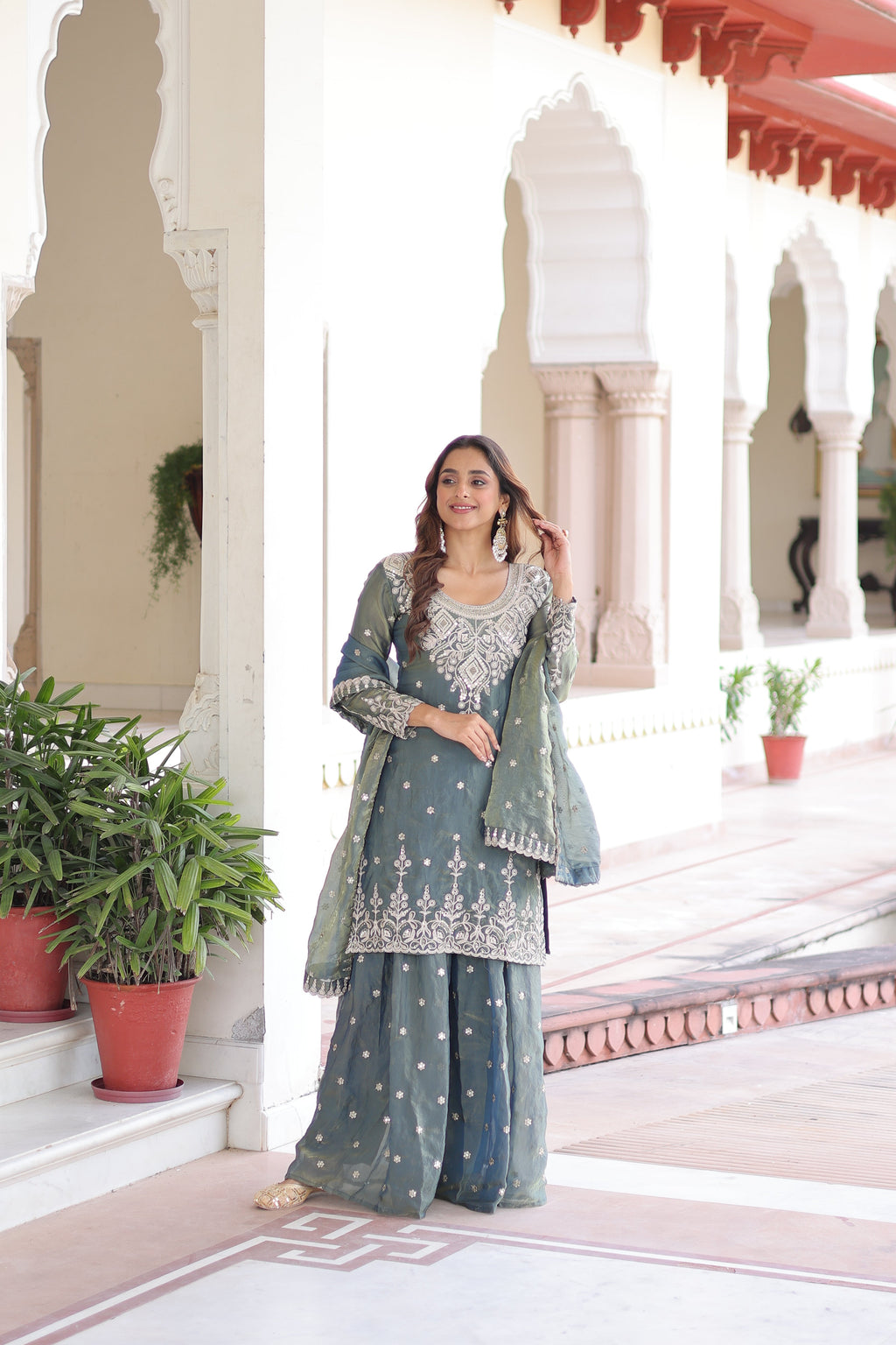 Pria teal green Fendi silk kurti sharara set with coding sequins embroidery work
