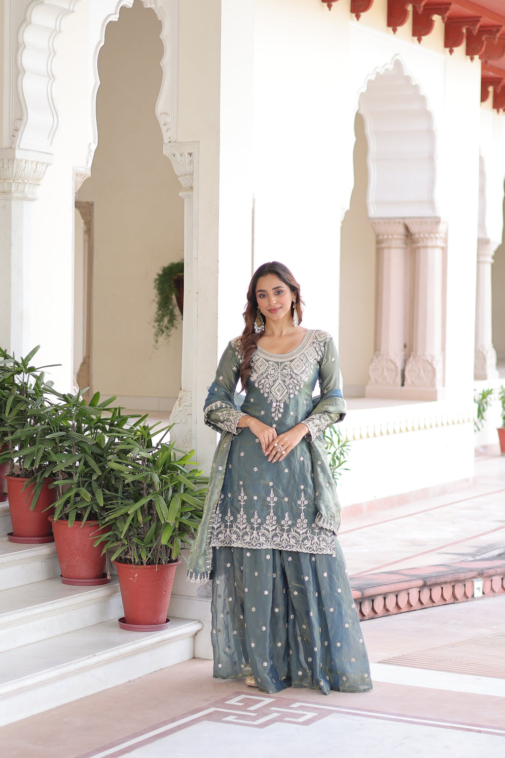 Pria teal green Fendi silk kurti sharara set with coding sequins embroidery work