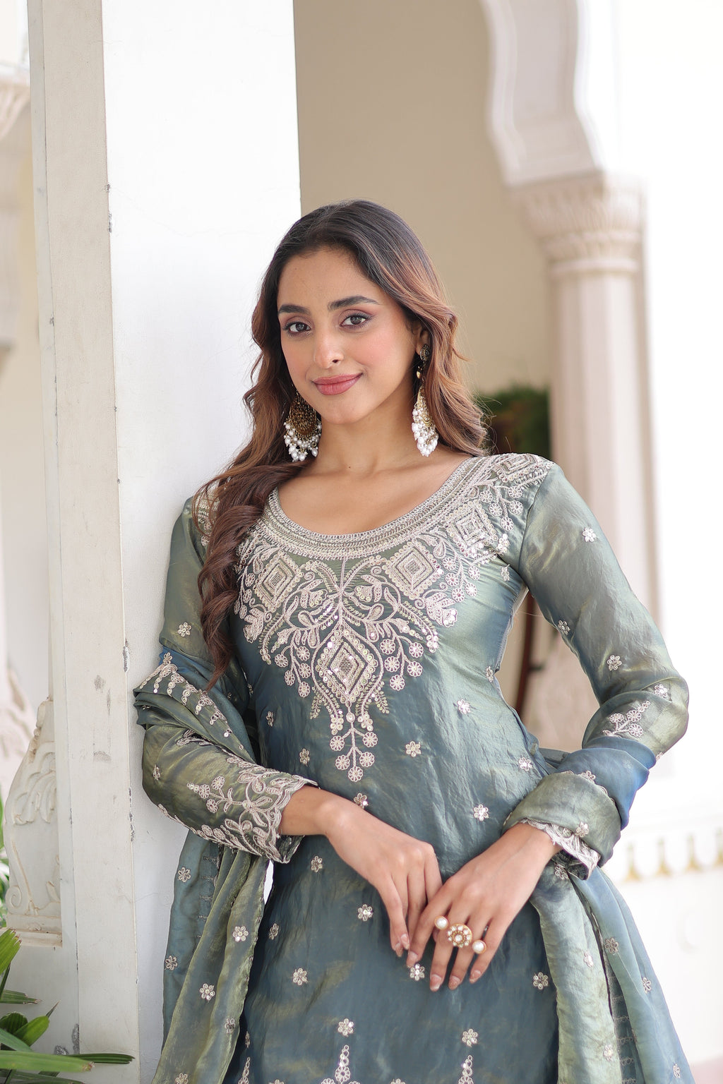 Pria teal green Fendi silk kurti sharara set with coding sequins embroidery work