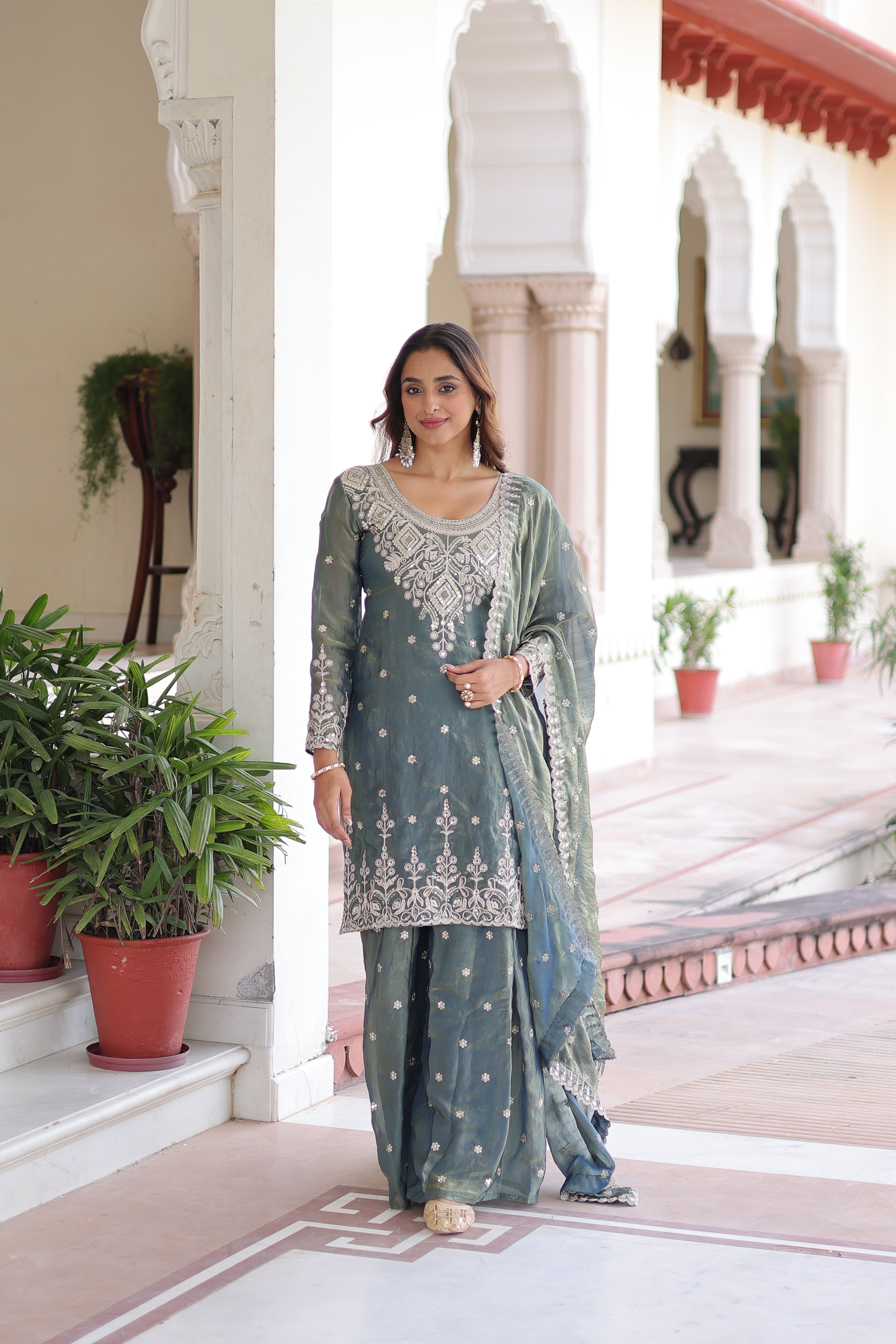 Pria teal green Fendi silk kurti sharara set with coding sequins embroidery work