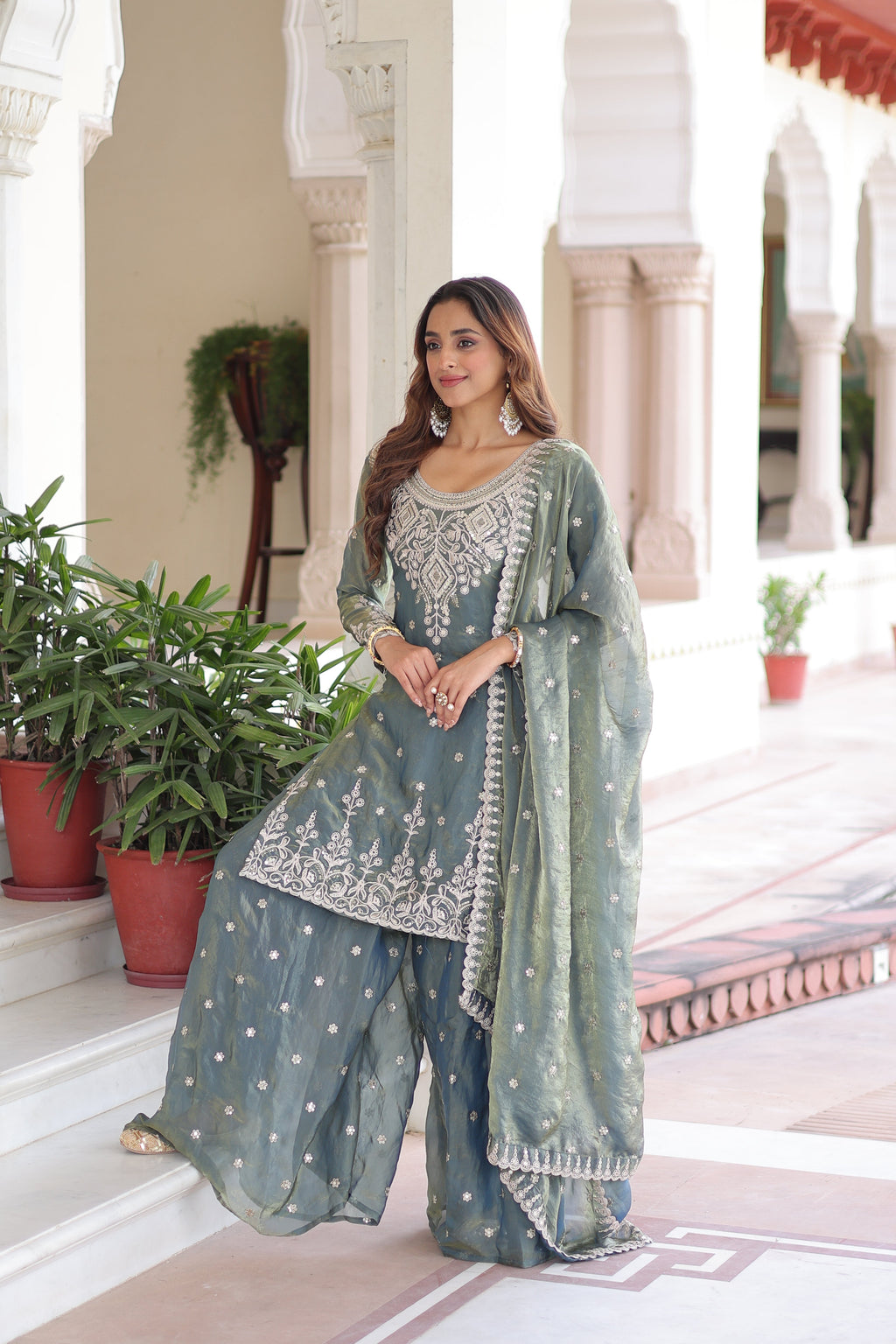 Pria teal green Fendi silk kurti sharara set with coding sequins embroidery work