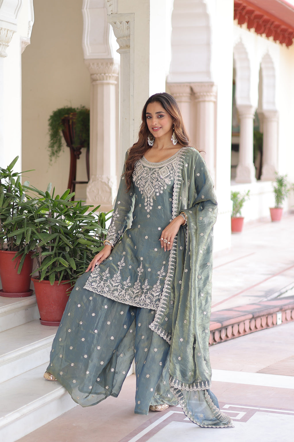 Pria teal green Fendi silk kurti sharara set with coding sequins embroidery work