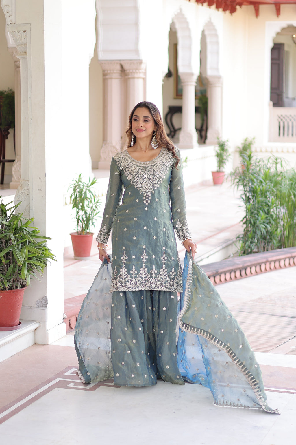 Pria teal green Fendi silk kurti sharara set with coding sequins embroidery work