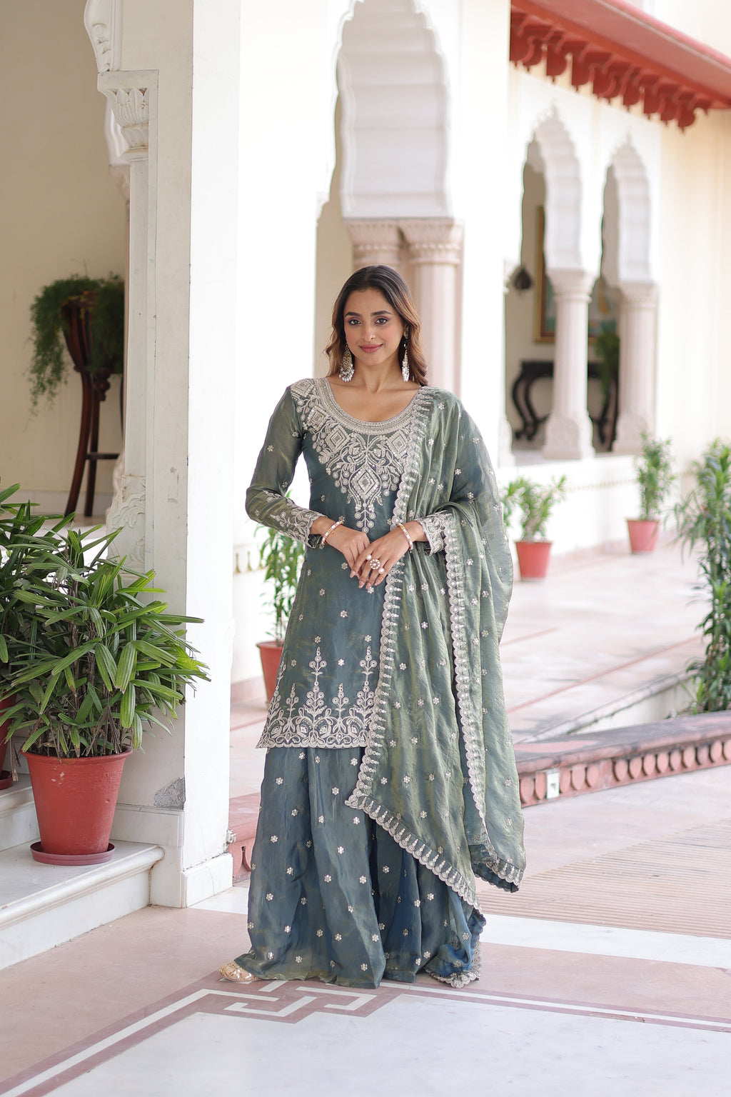 Pria teal green Fendi silk kurti sharara set with coding sequins embroidery work