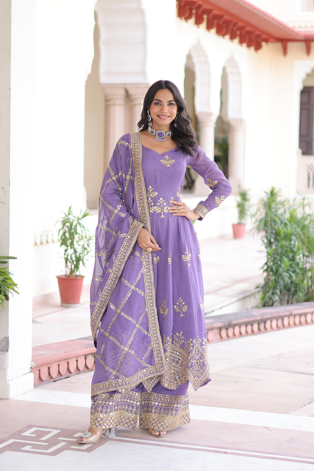 Vyoma lavender purple silver crunchy gown set with rich sequins embroidered work