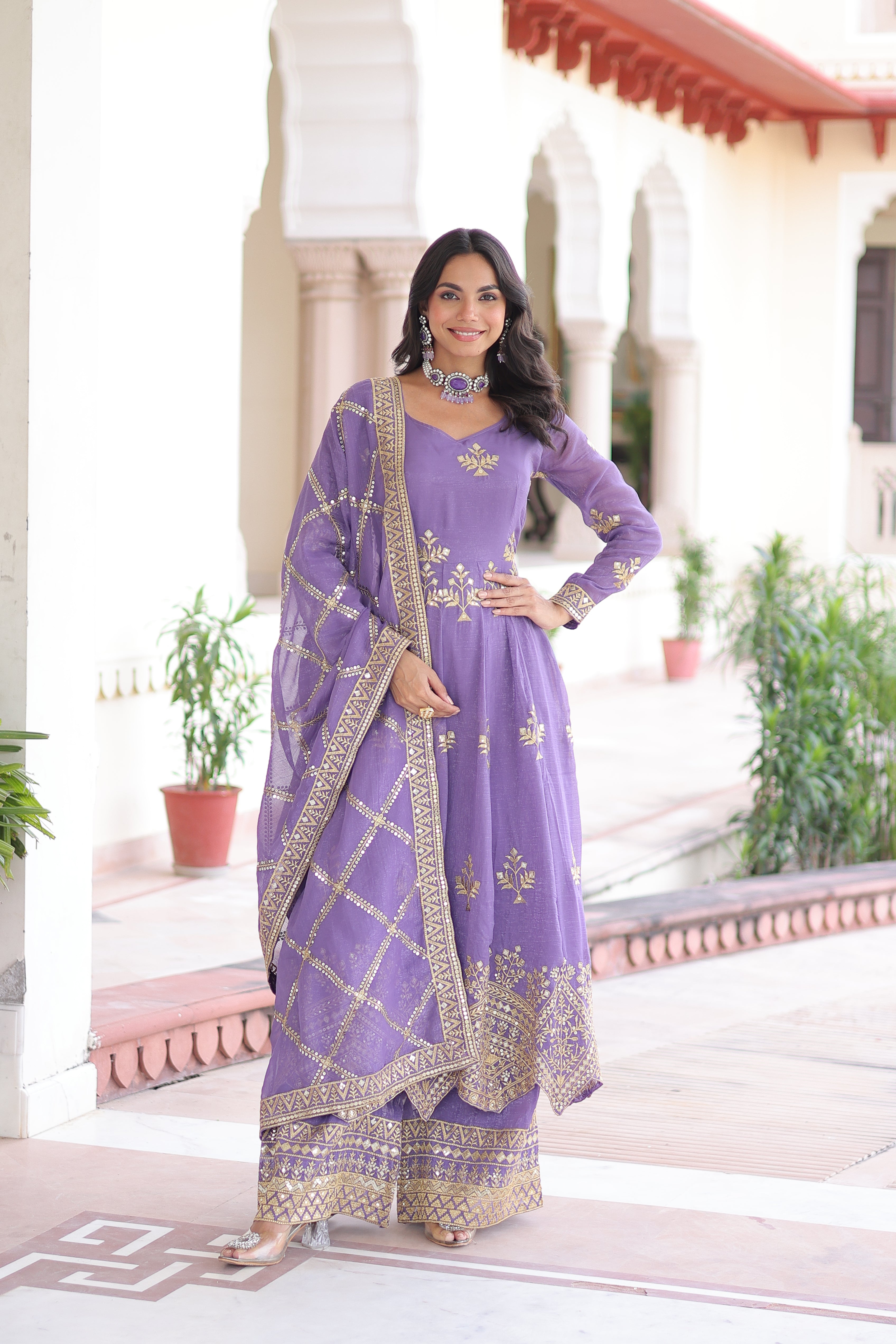 Vyoma lavender purple silver crunchy gown set with rich sequins embroidered work