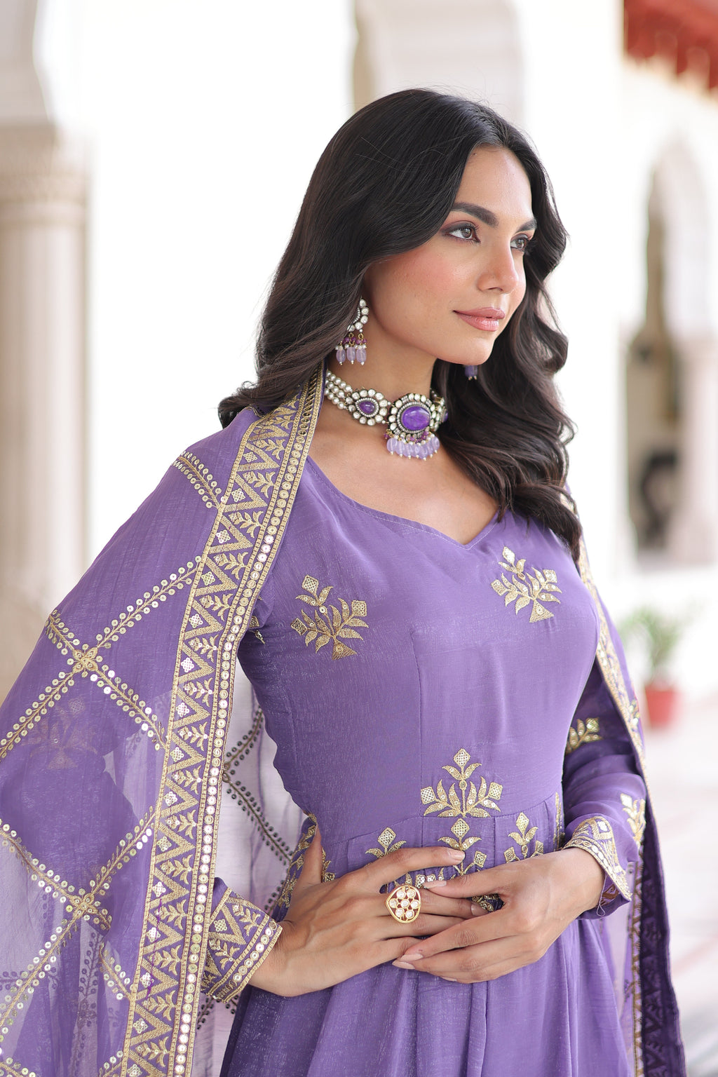 Vyoma lavender purple silver crunchy gown set with rich sequins embroidered work
