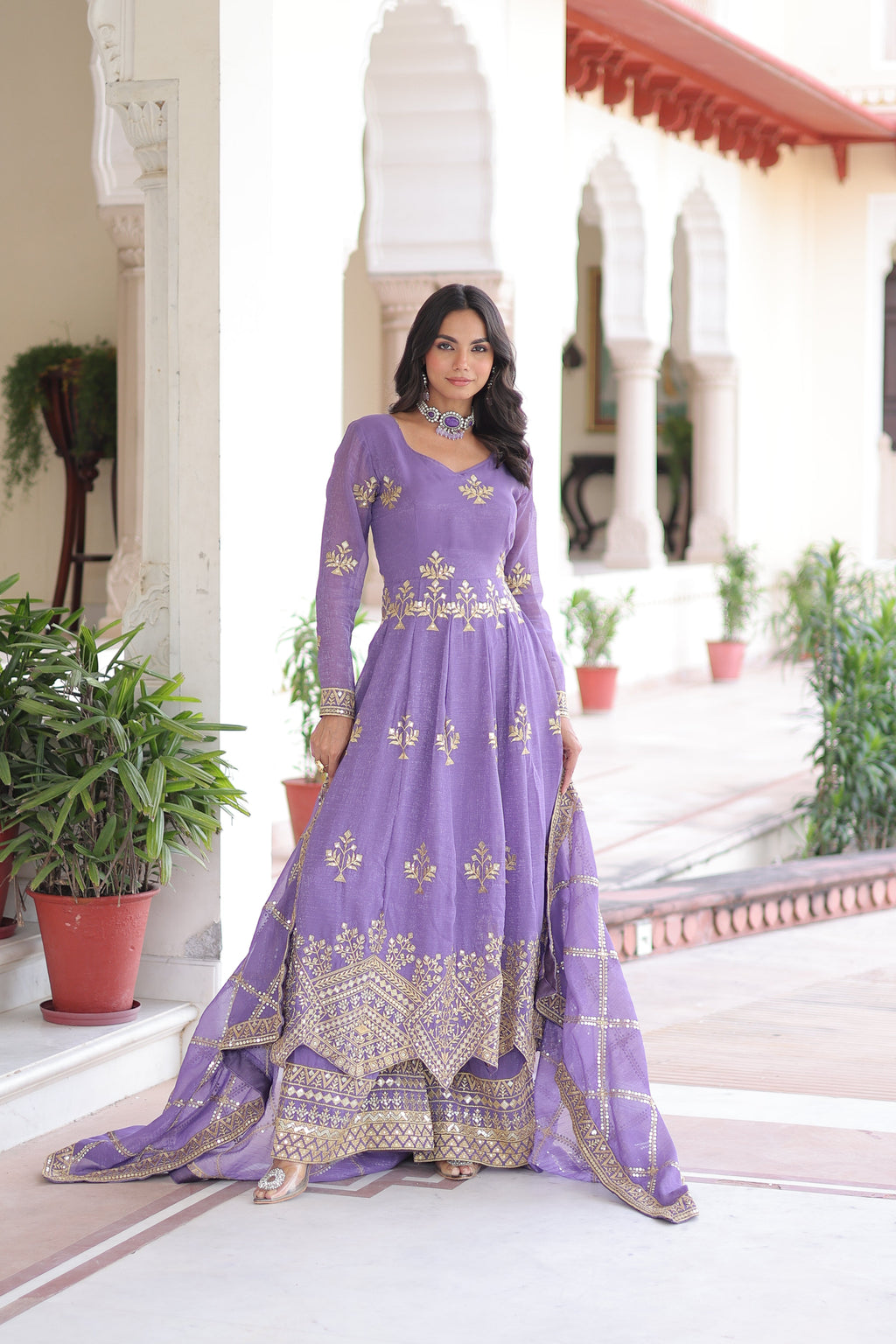 Vyoma lavender purple silver crunchy gown set with rich sequins embroidered work