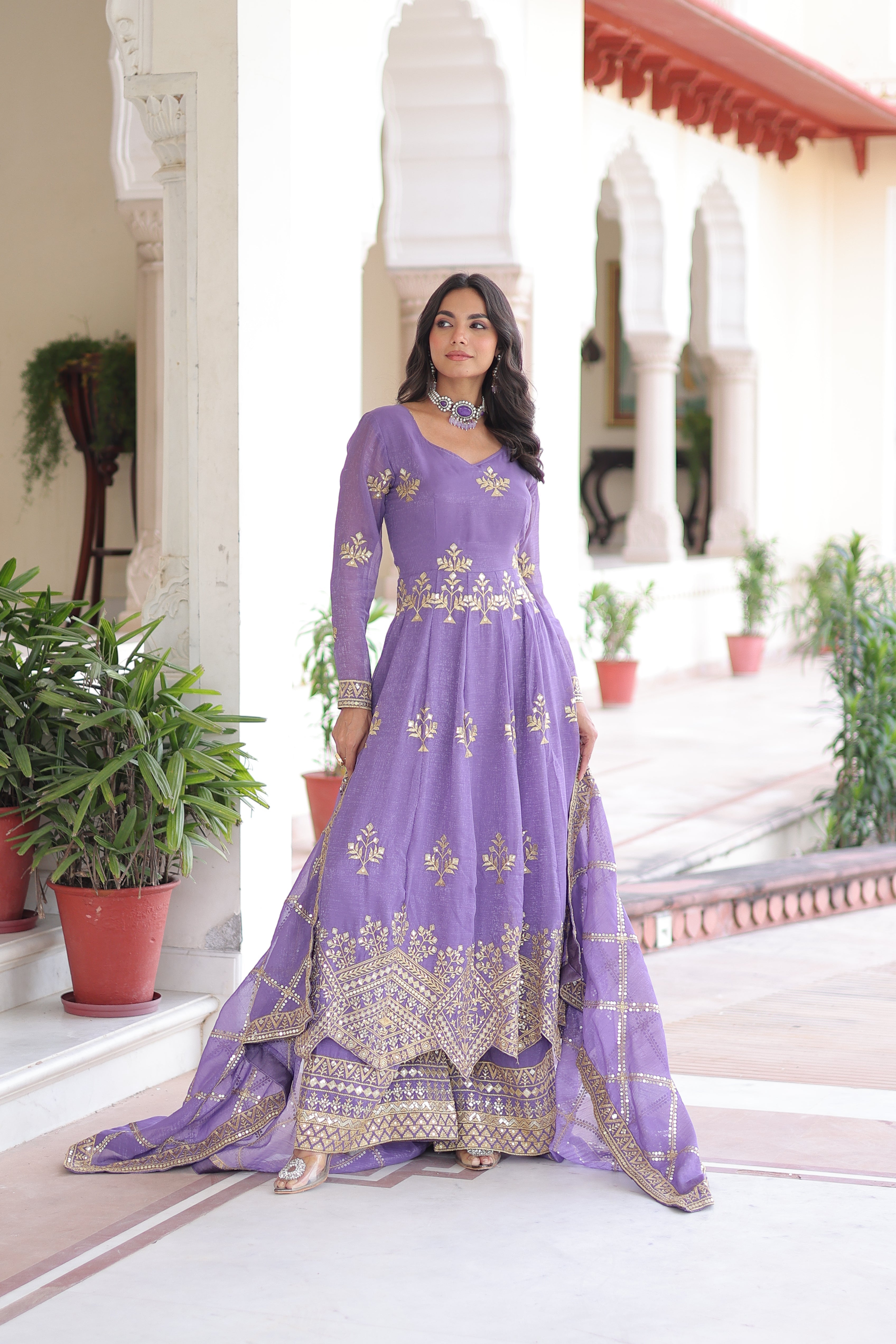 Vyoma lavender purple silver crunchy gown set with rich sequins embroidered work