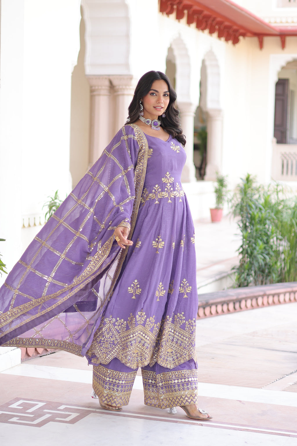 Vyoma lavender purple silver crunchy gown set with rich sequins embroidered work