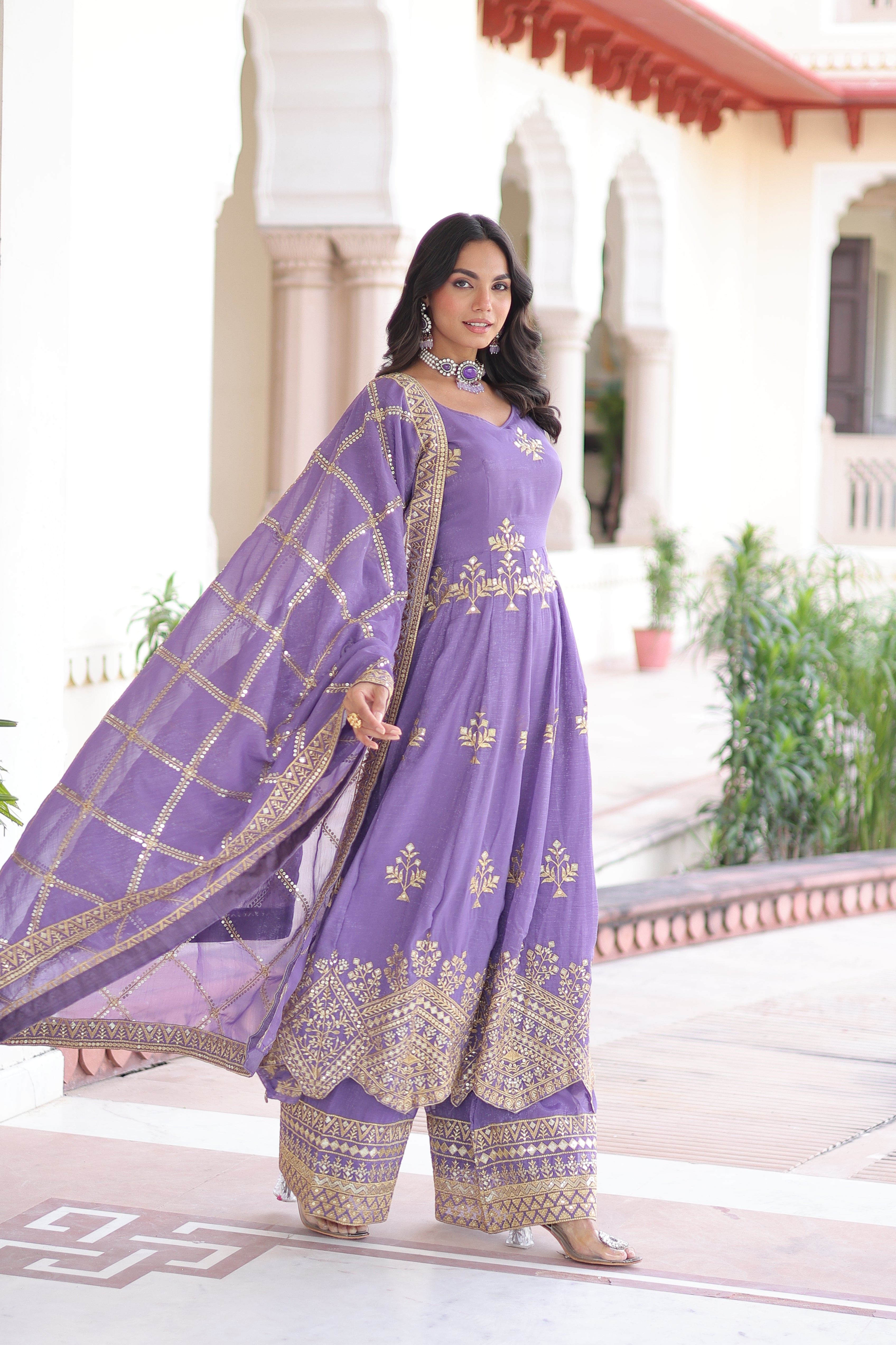 Vyoma lavender purple silver crunchy gown set with rich sequins embroidered work