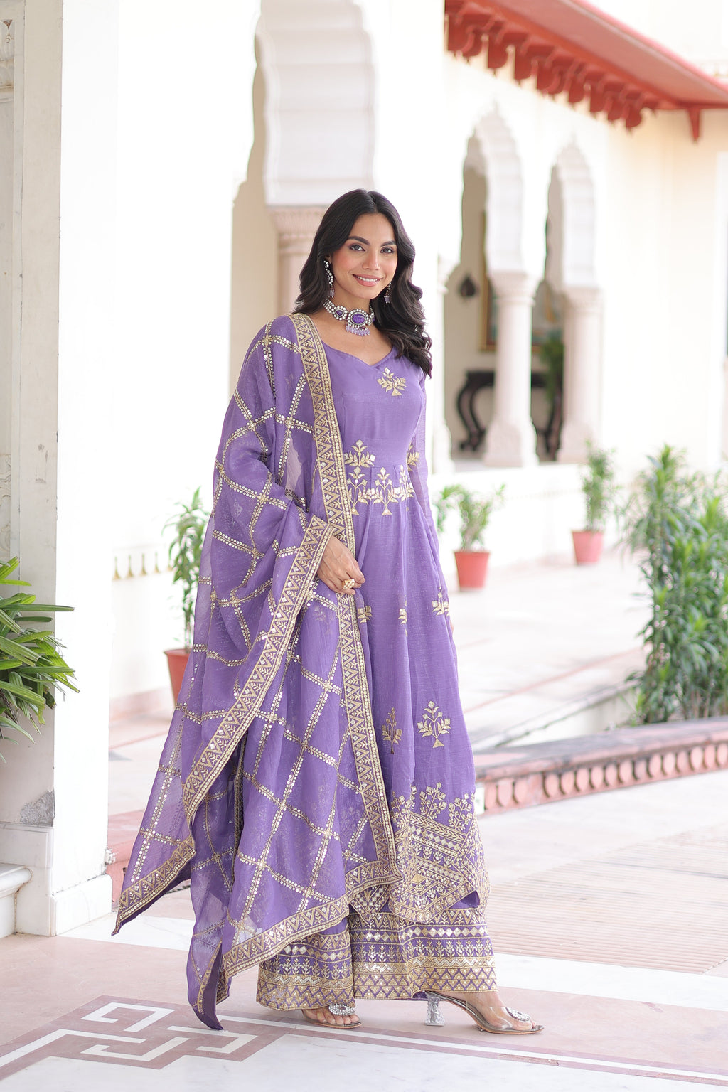 Vyoma lavender purple silver crunchy gown set with rich sequins embroidered work