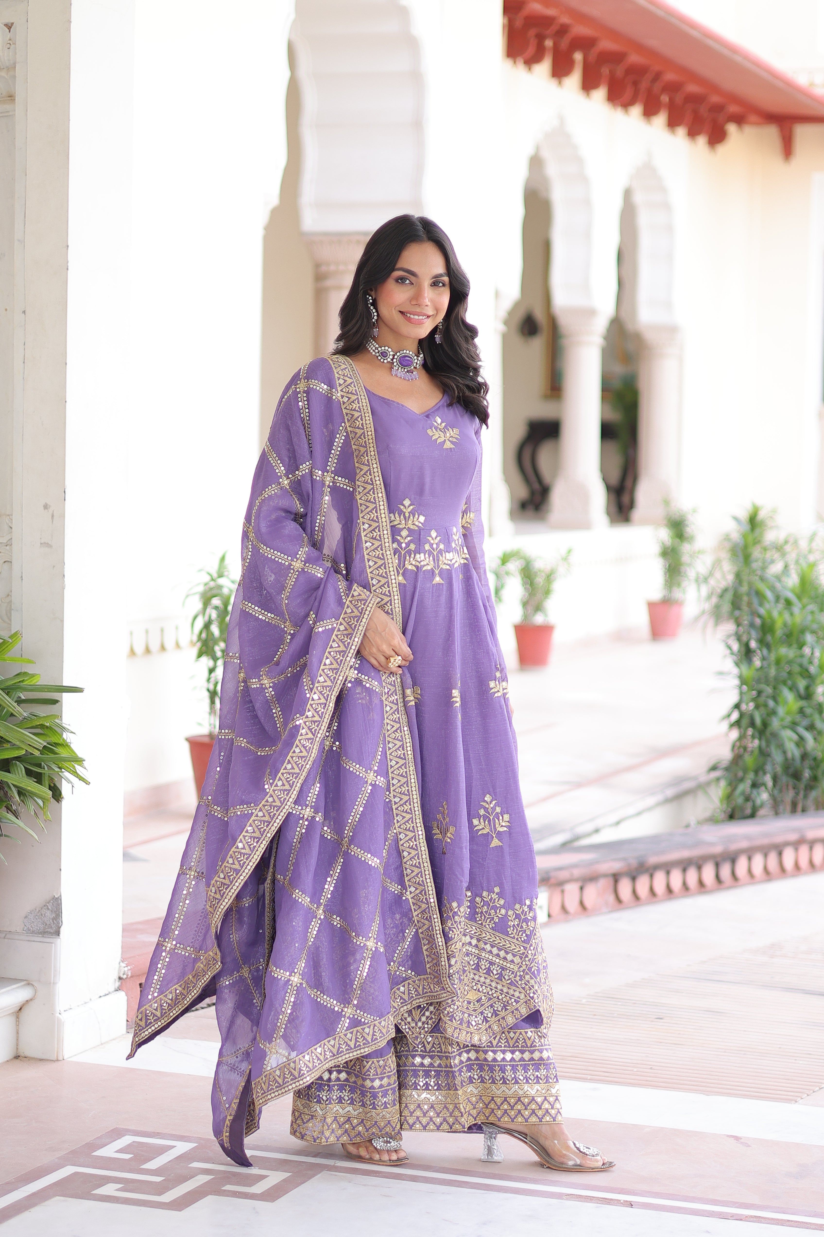 Vyoma lavender purple silver crunchy gown set with rich sequins embroidered work
