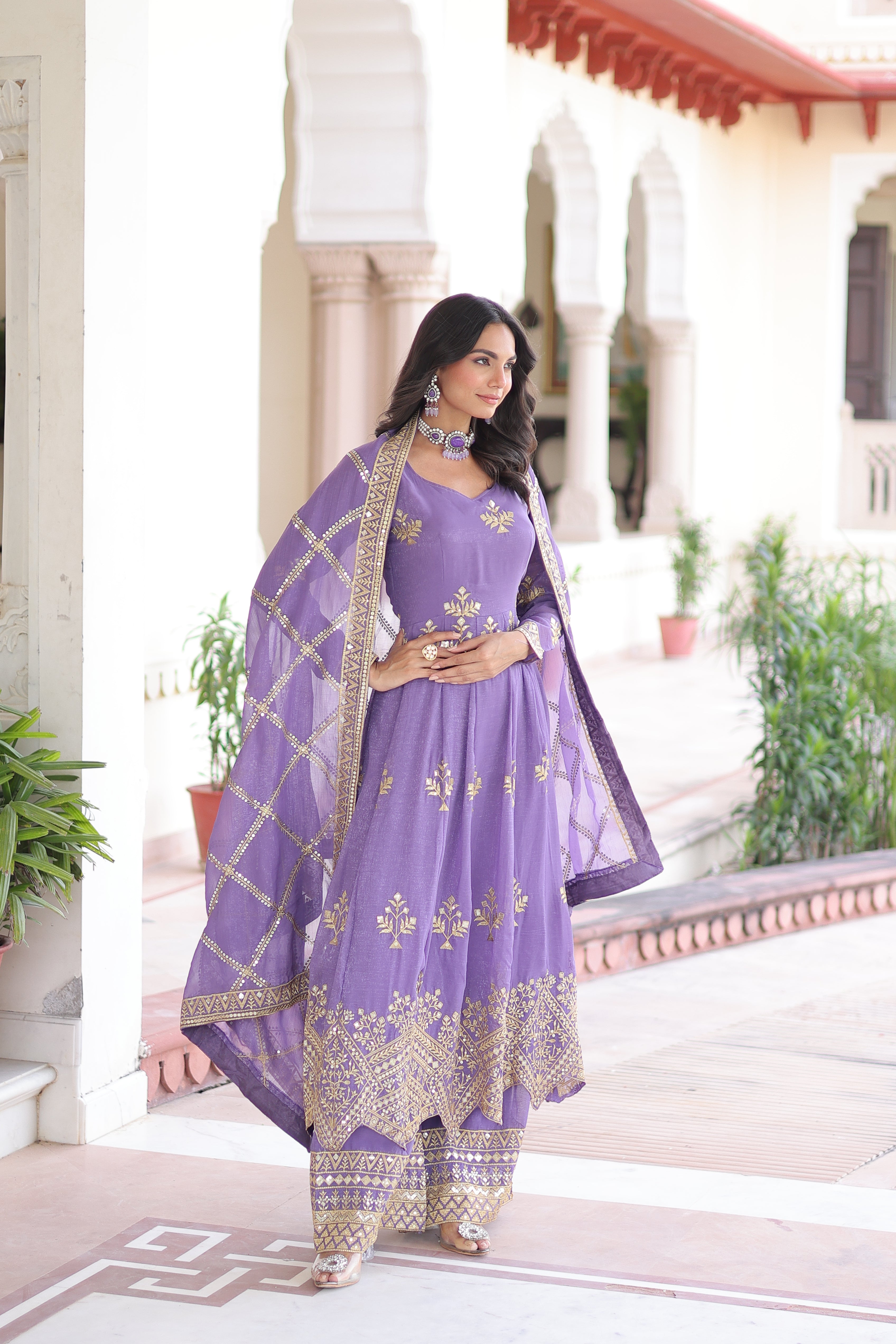 Vyoma lavender purple silver crunchy gown set with rich sequins embroidered work