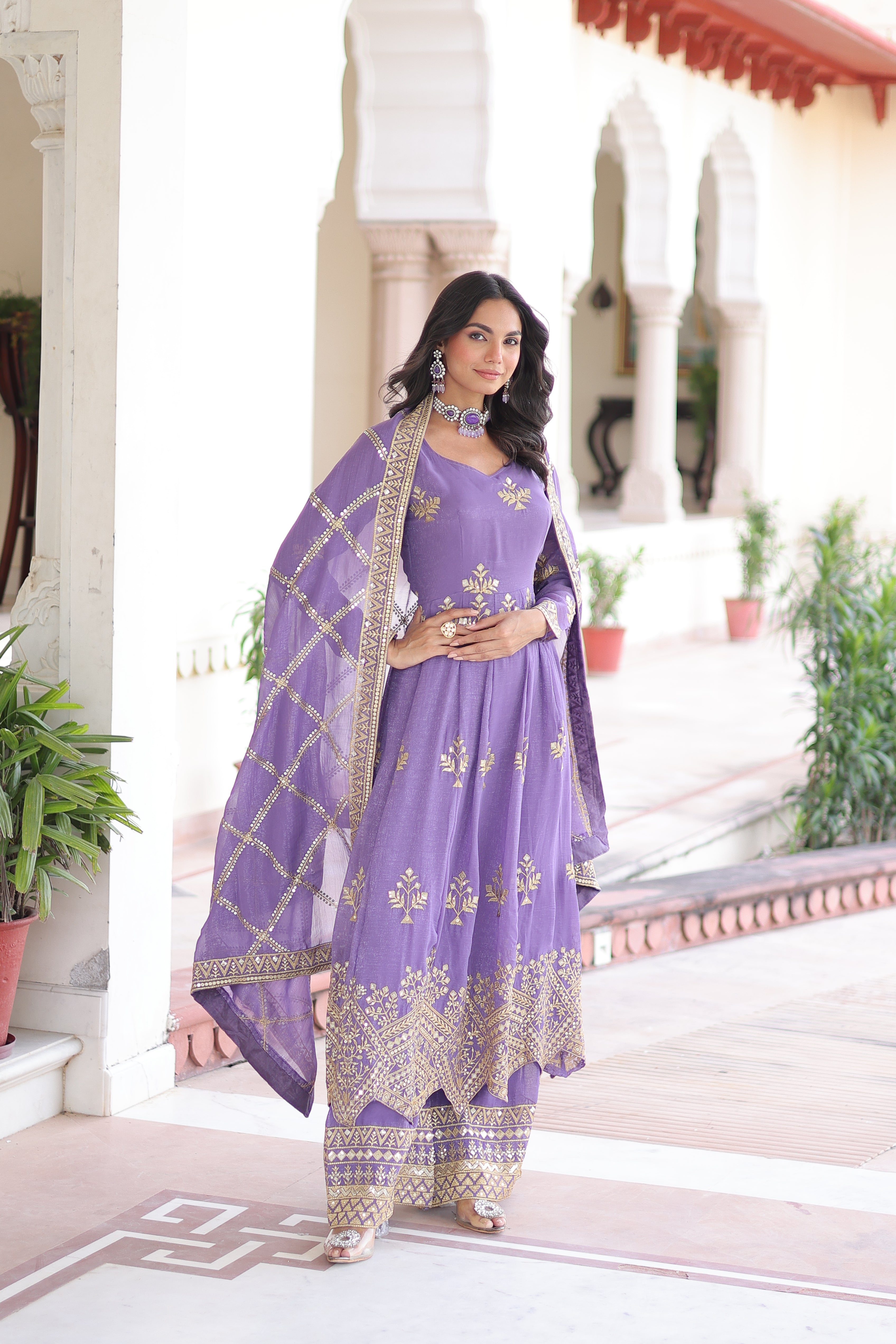 Vyoma lavender purple silver crunchy gown set with rich sequins embroidered work