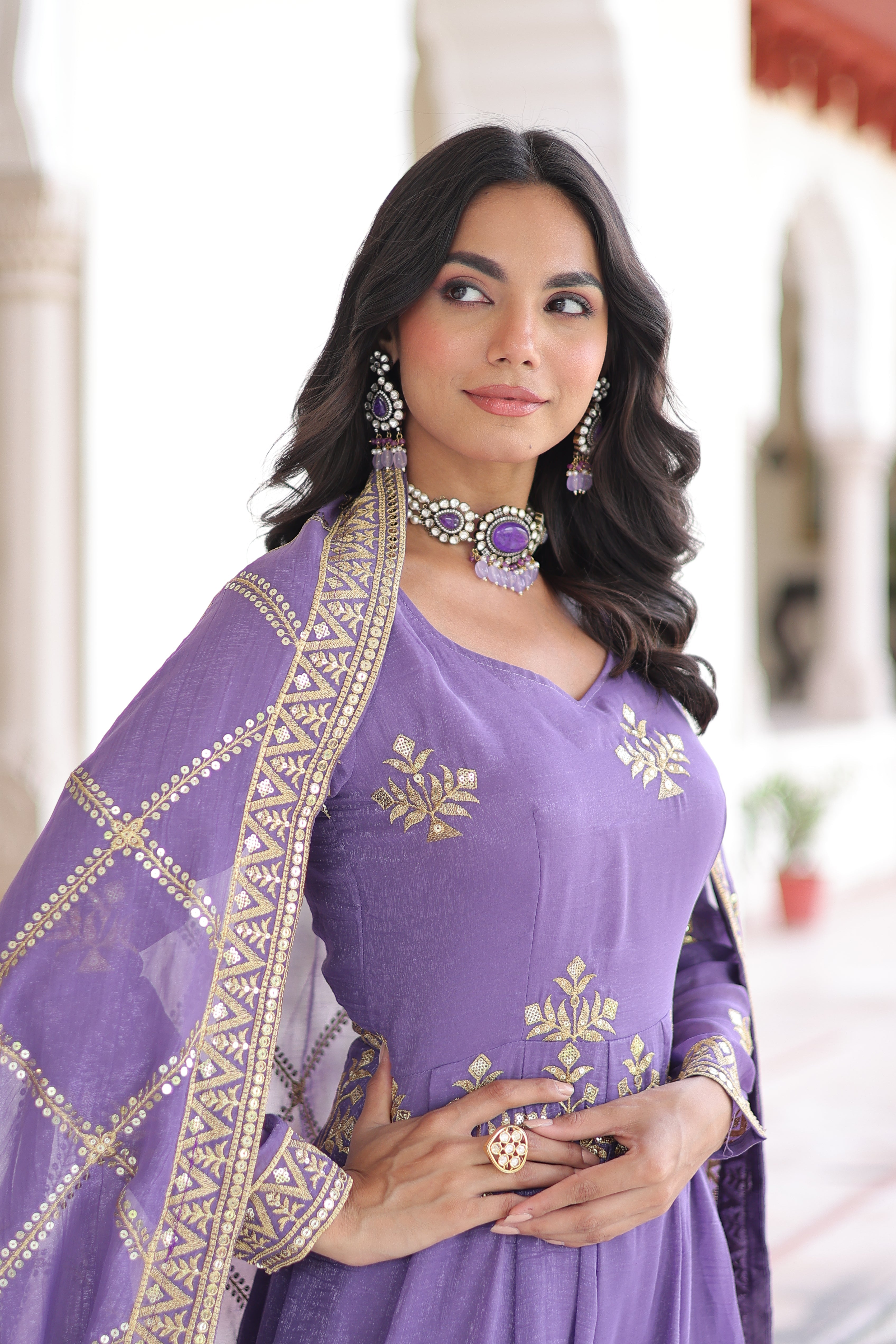 Vyoma lavender purple silver crunchy gown set with rich sequins embroidered work