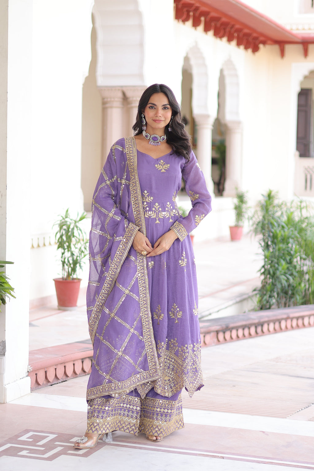 Vyoma lavender purple silver crunchy gown set with rich sequins embroidered work