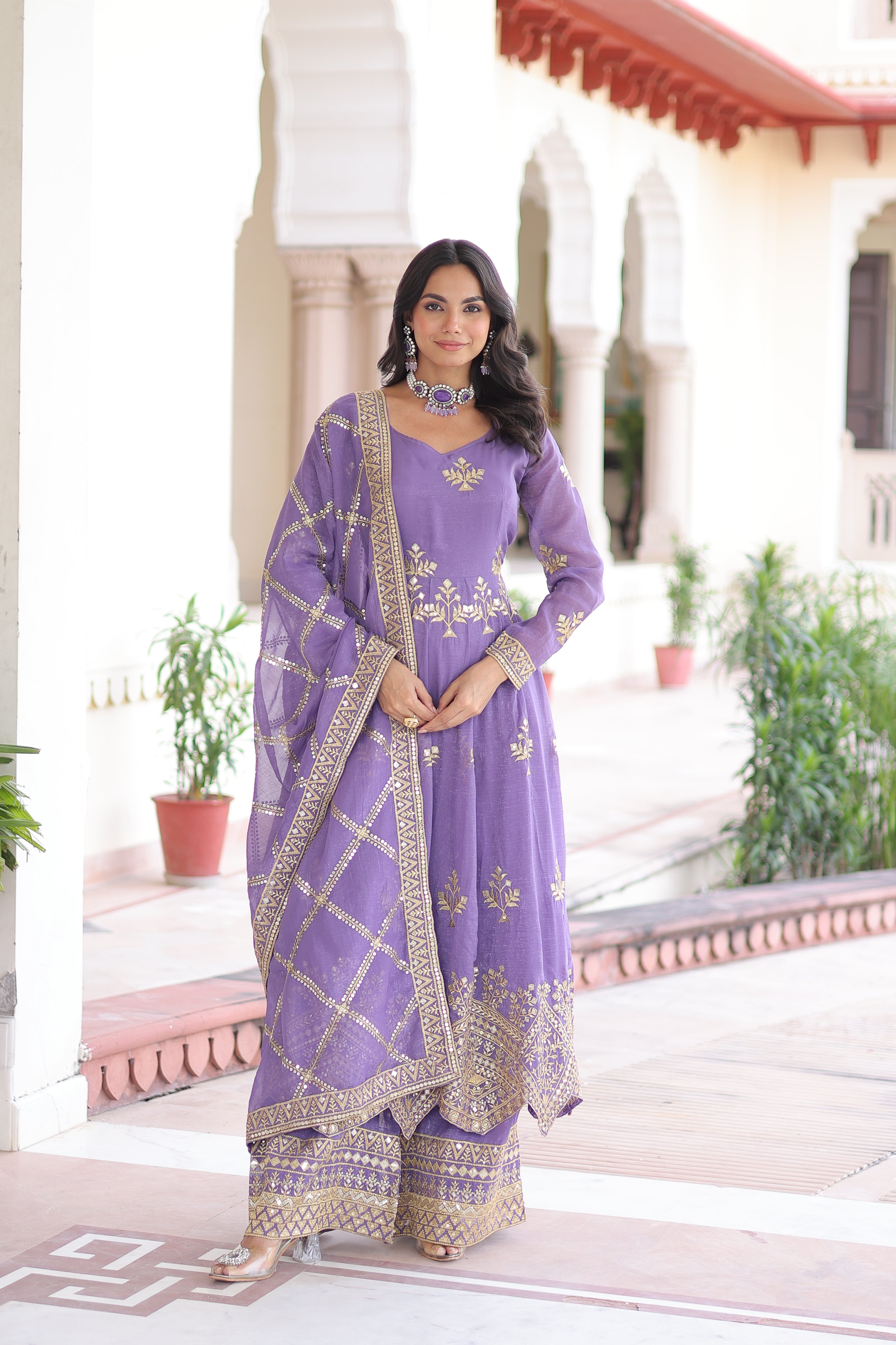 Vyoma lavender purple silver crunchy gown set with rich sequins embroidered work