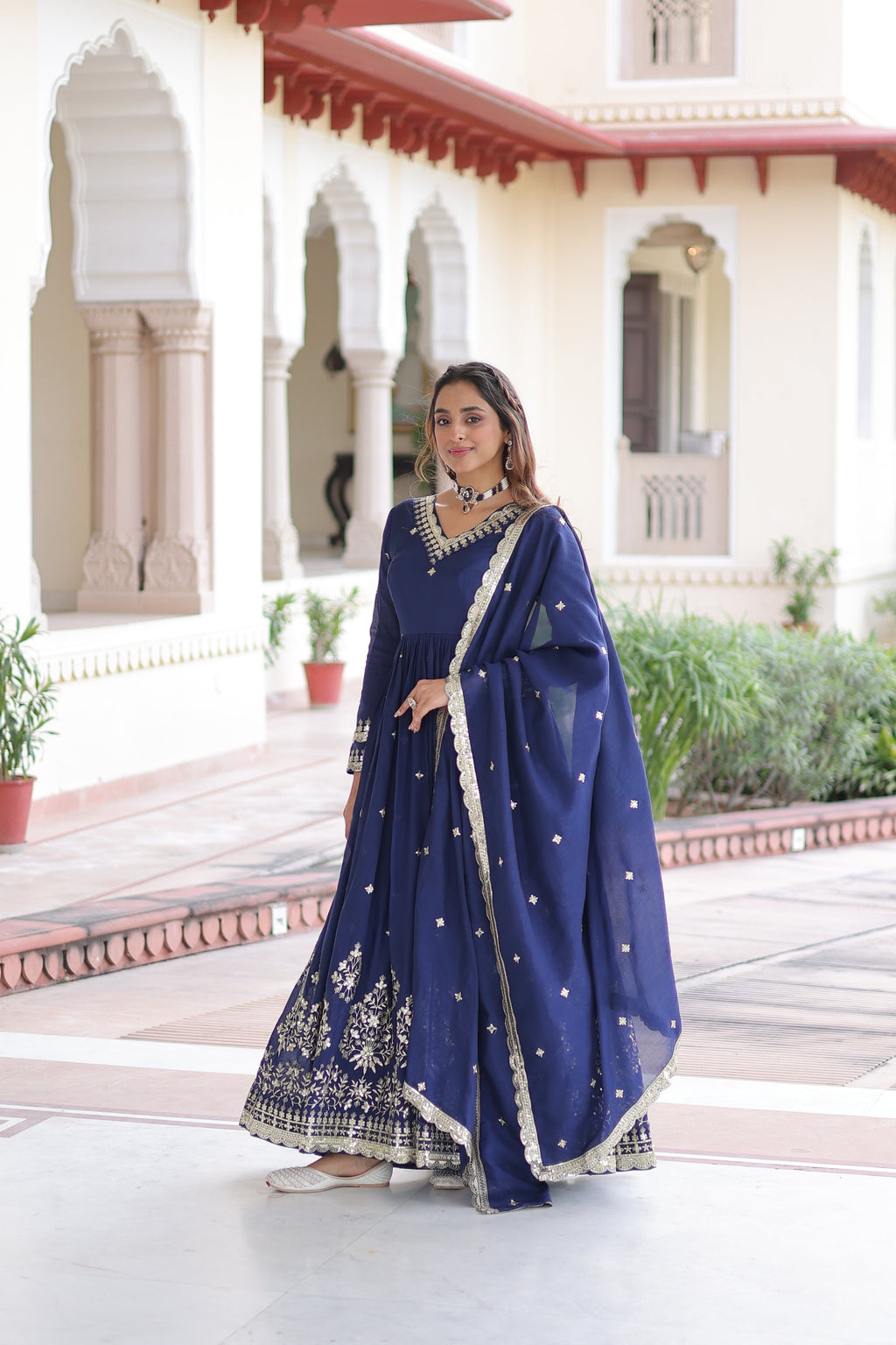 Tisara blue Vichitra silk gown with rich sequins embroidered work and dupatta