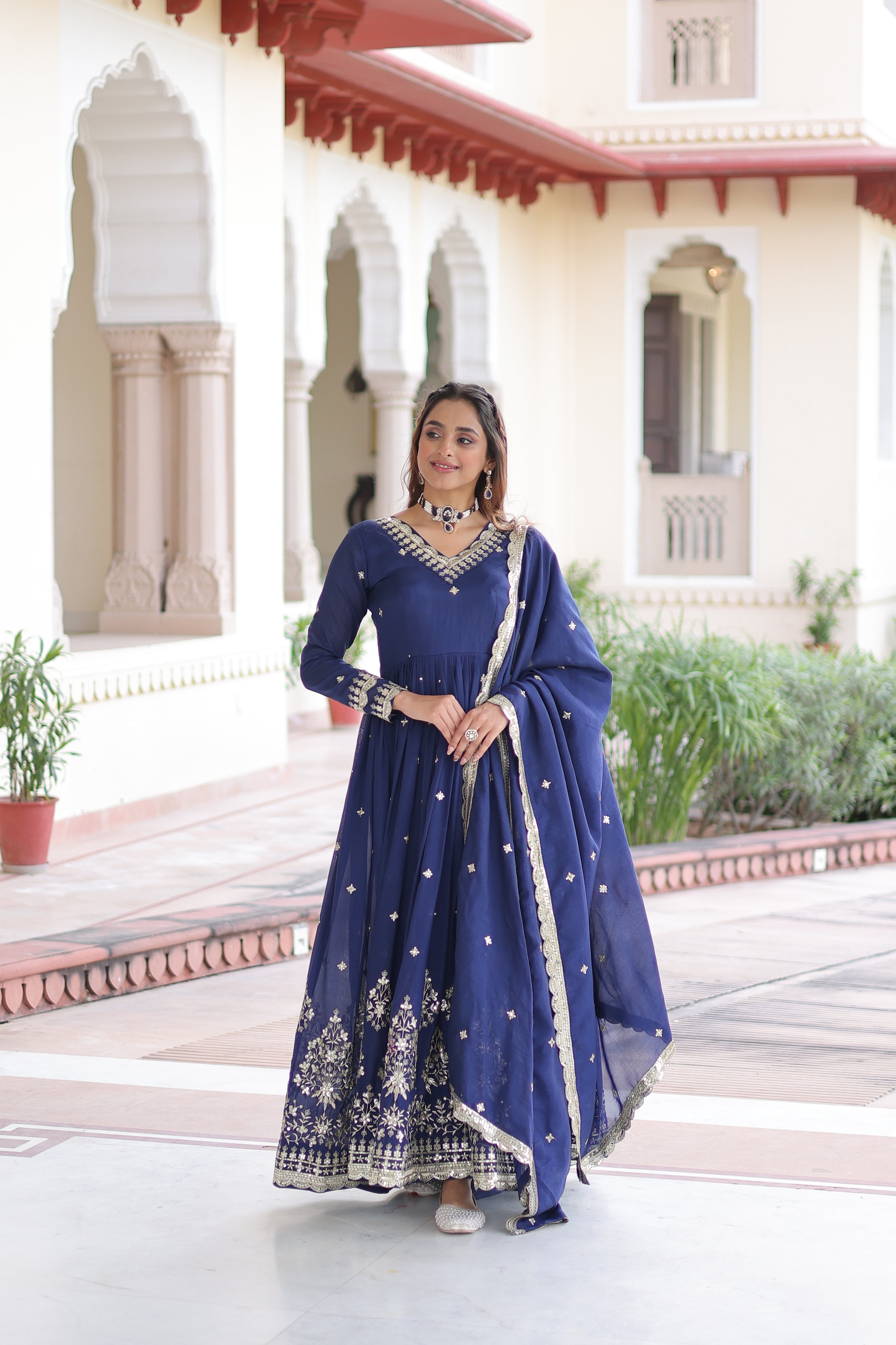 Tisara blue Vichitra silk gown with rich sequins embroidered work and dupatta