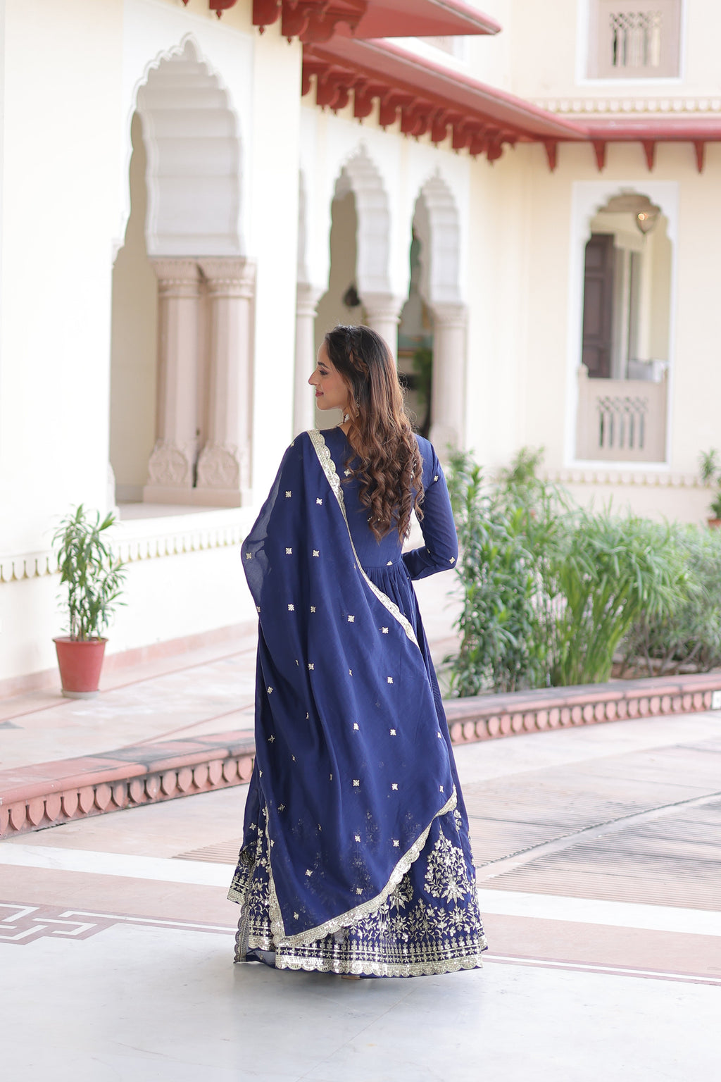Tisara blue Vichitra silk gown with rich sequins embroidered work and dupatta