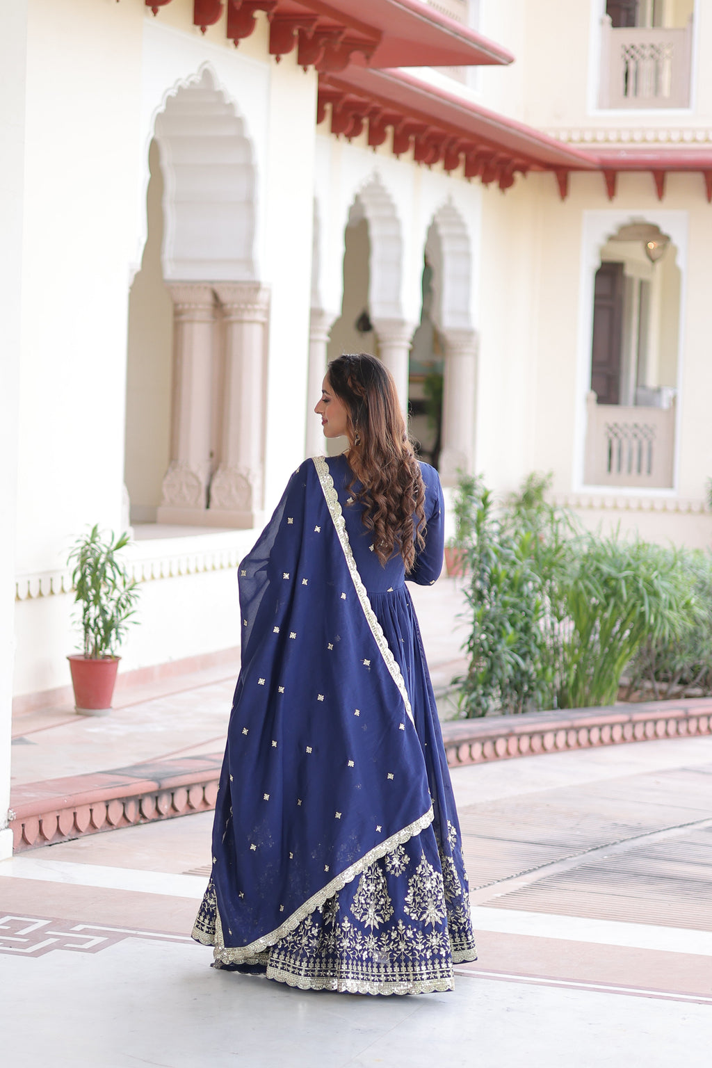 Tisara blue Vichitra silk gown with rich sequins embroidered work and dupatta