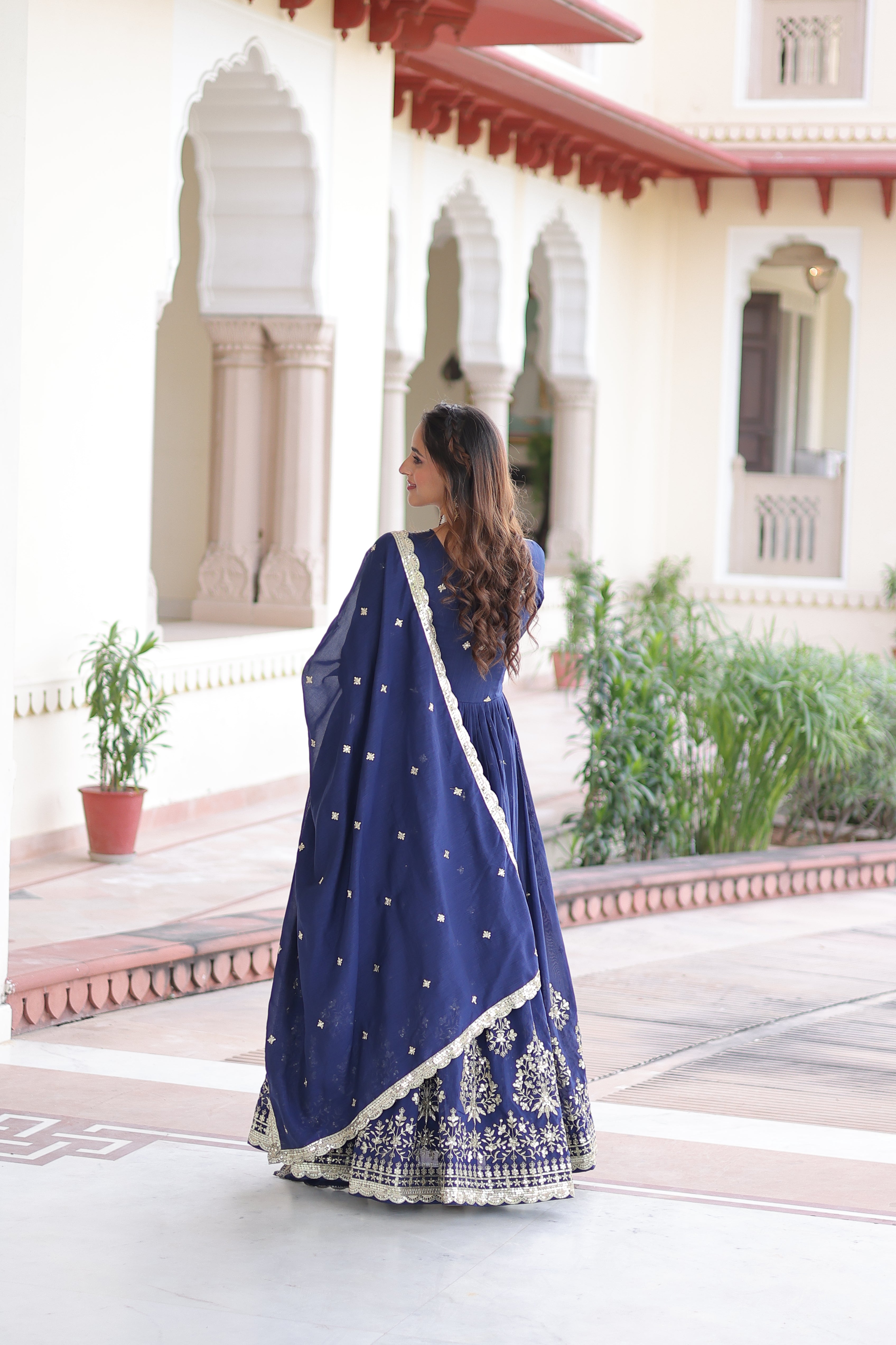 Tisara blue Vichitra silk gown with rich sequins embroidered work and dupatta