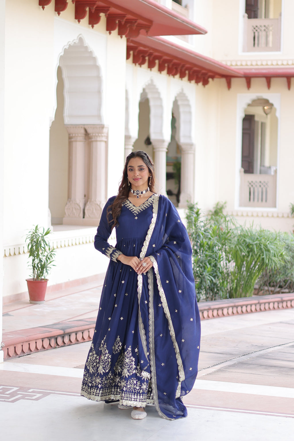Tisara blue Vichitra silk gown with rich sequins embroidered work and dupatta