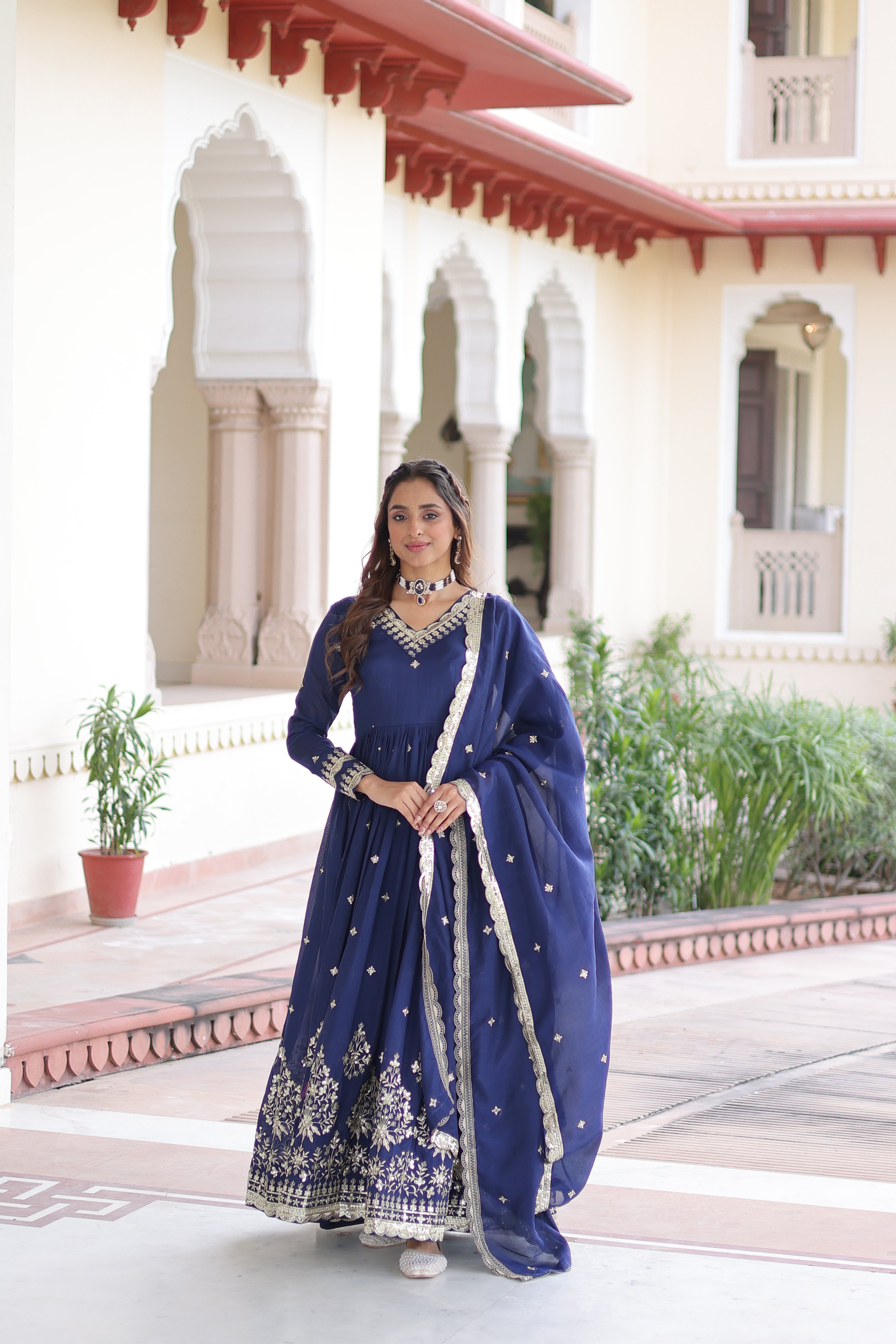 Tisara blue Vichitra silk gown with rich sequins embroidered work and dupatta