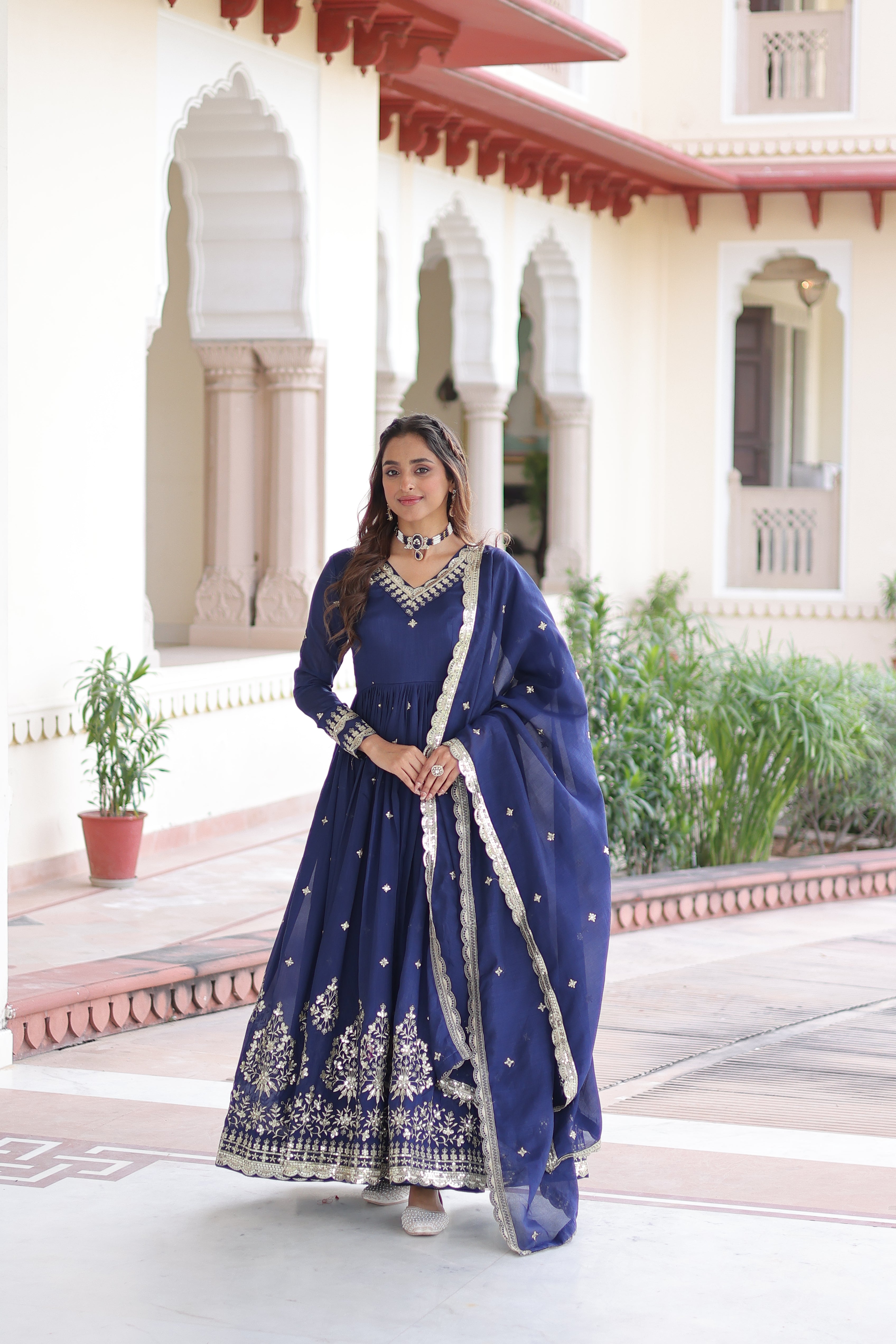 Tisara blue Vichitra silk gown with rich sequins embroidered work and dupatta