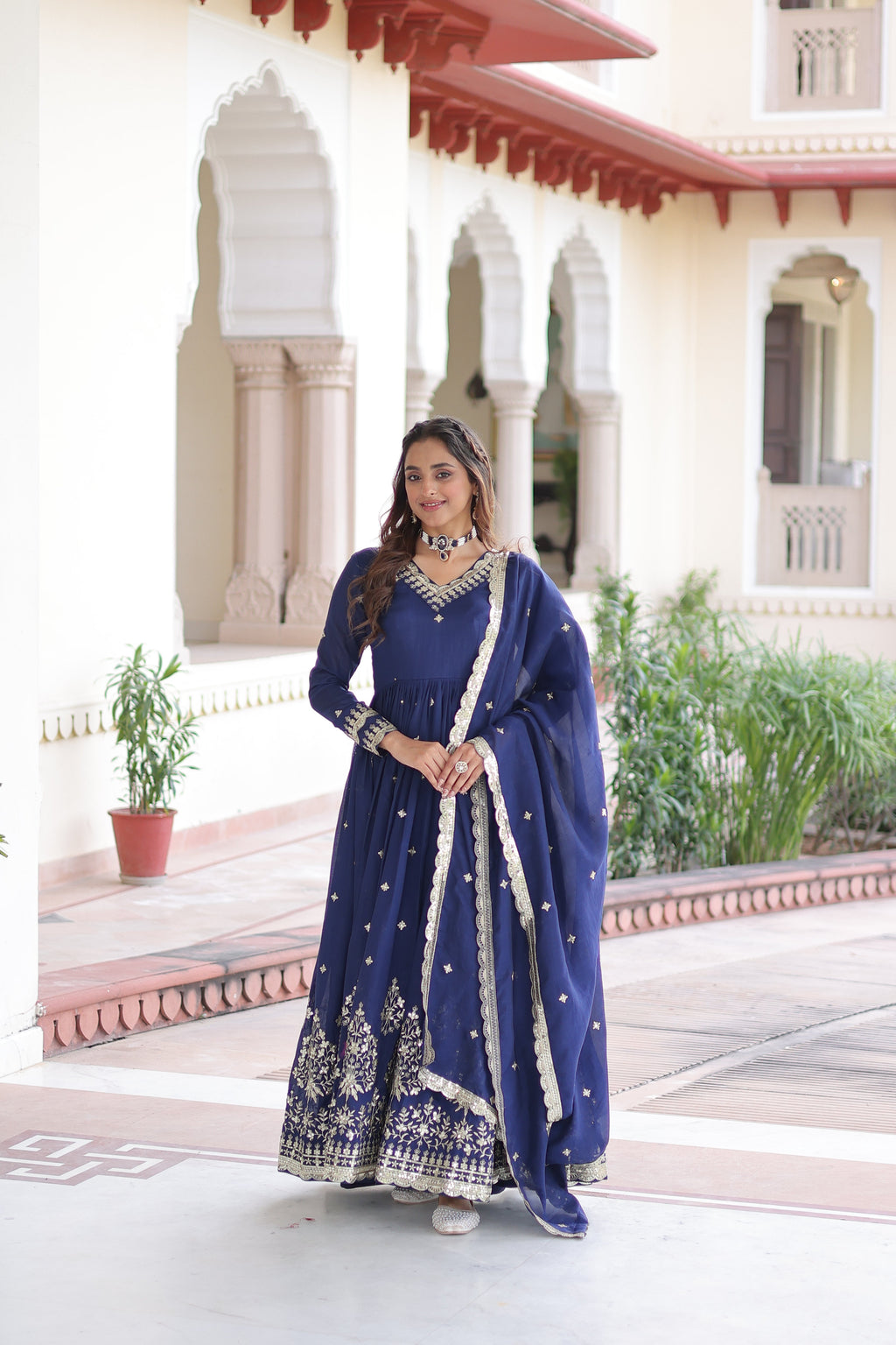Tisara blue Vichitra silk gown with rich sequins embroidered work and dupatta