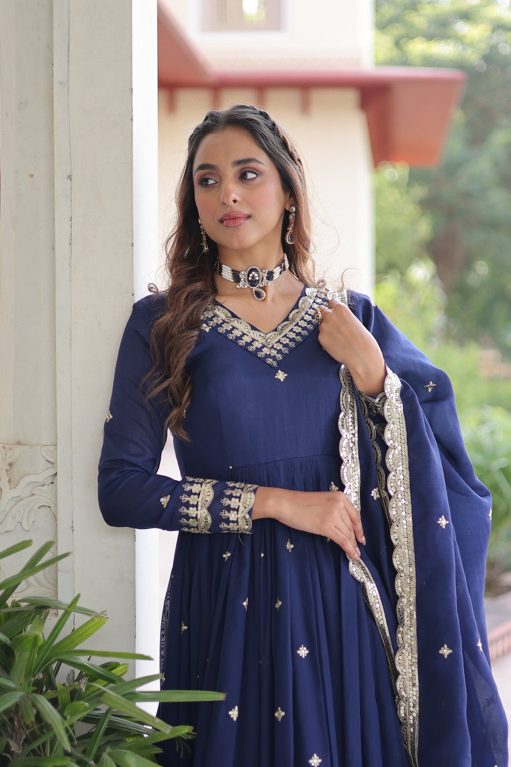 Tisara blue Vichitra silk gown with rich sequins embroidered work and dupatta