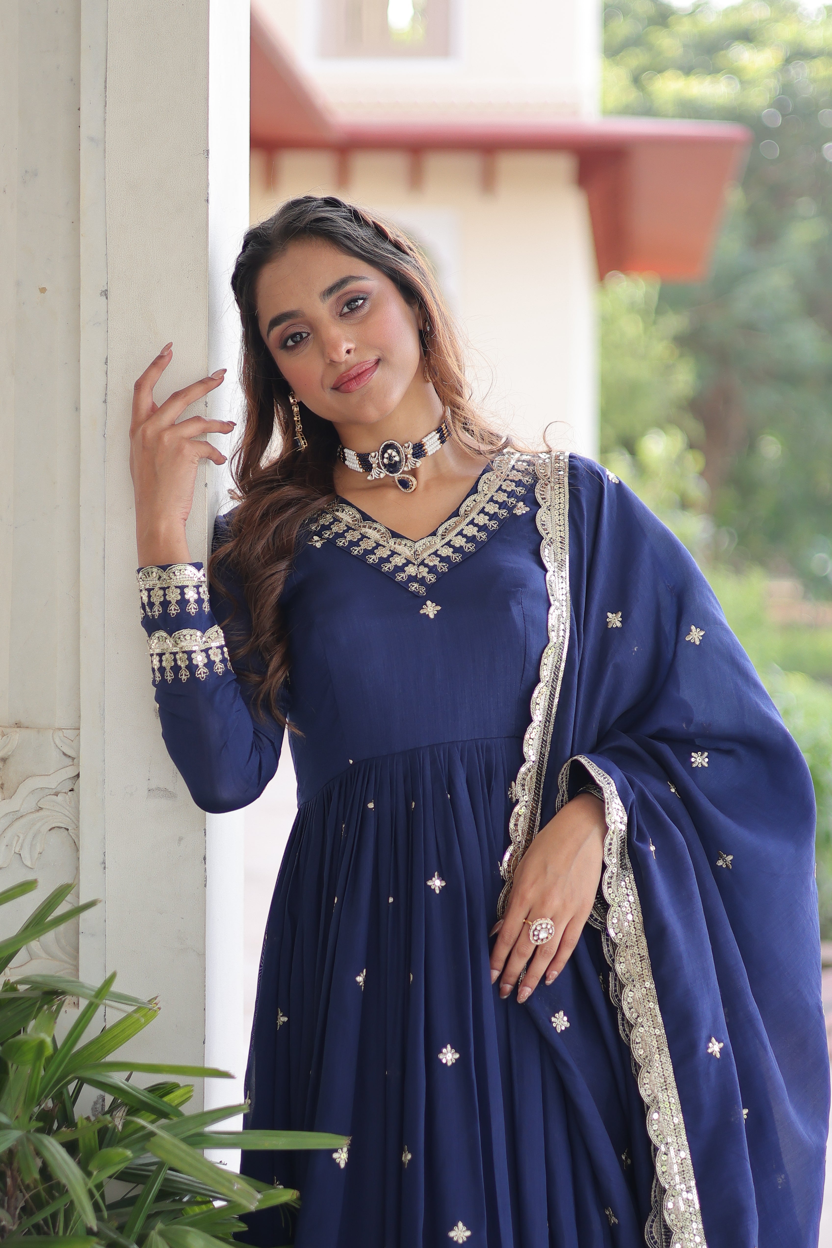 Tisara blue Vichitra silk gown with rich sequins embroidered work and dupatta