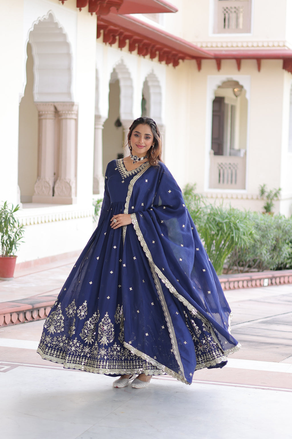 Tisara blue Vichitra silk gown with rich sequins embroidered work and dupatta